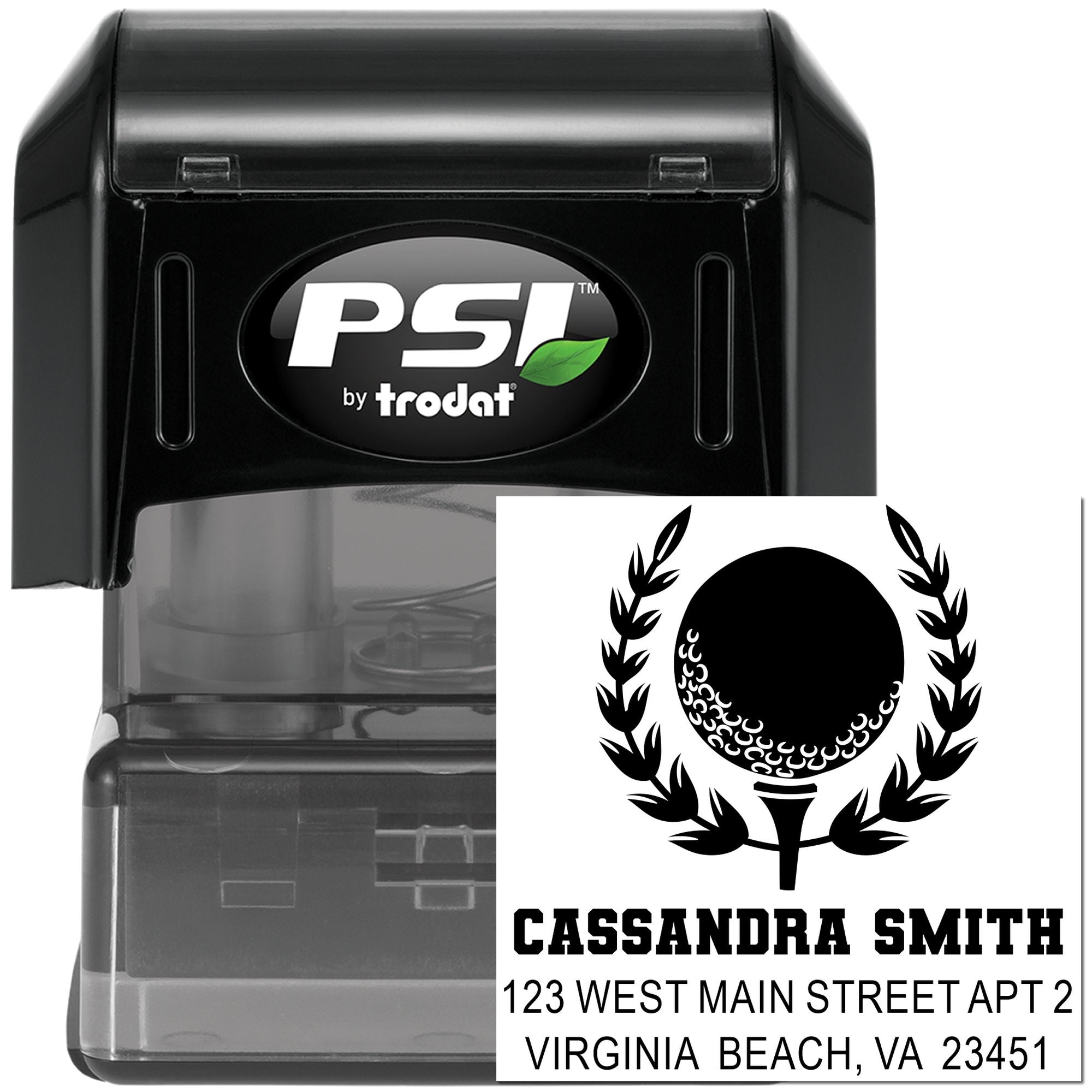 PSI by Trodat custom self-inking rubber address stamp with name and Virginia Beach, VA address