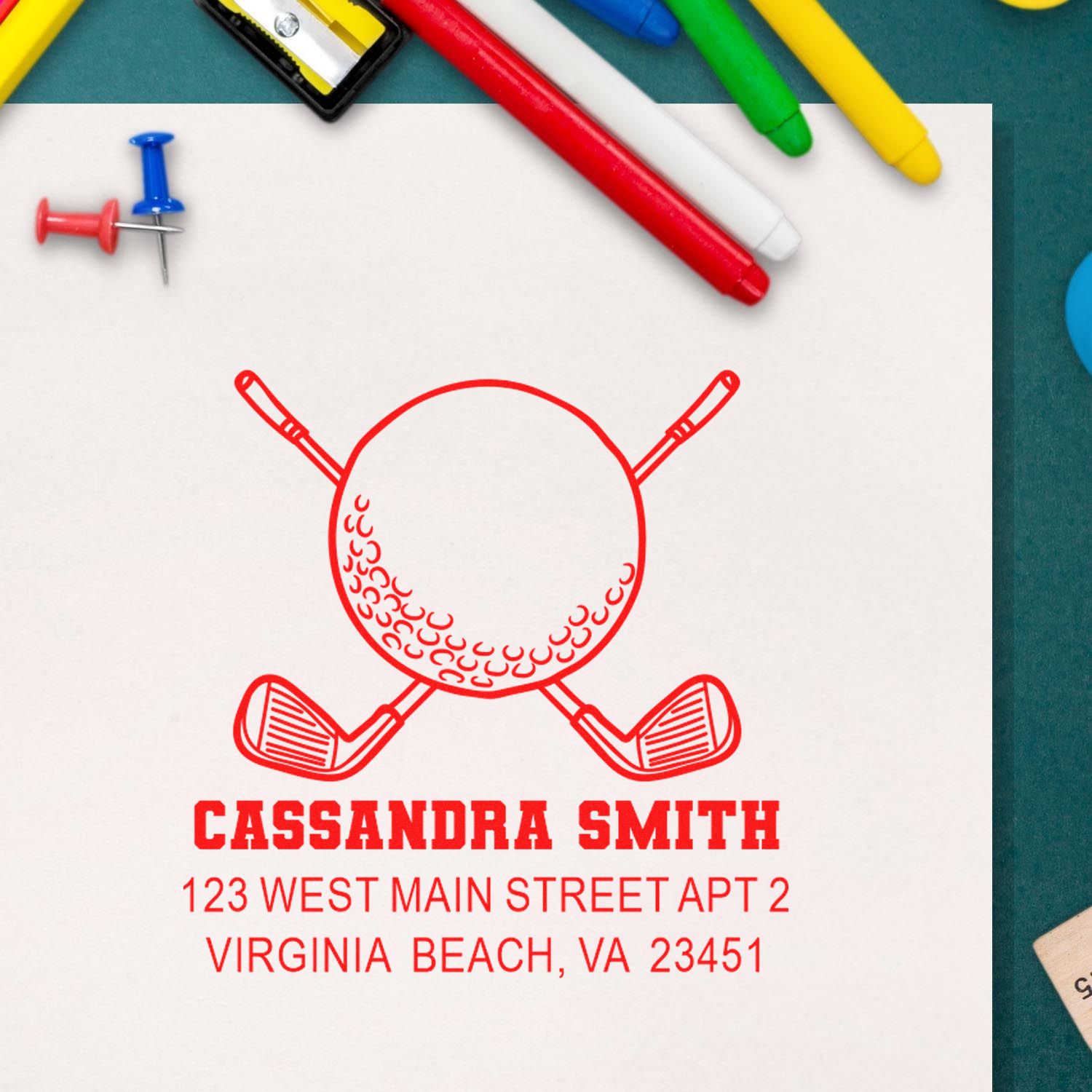 Personalized golf address rubber stamp for Cassandra Smith, Virginia Beach, VA.