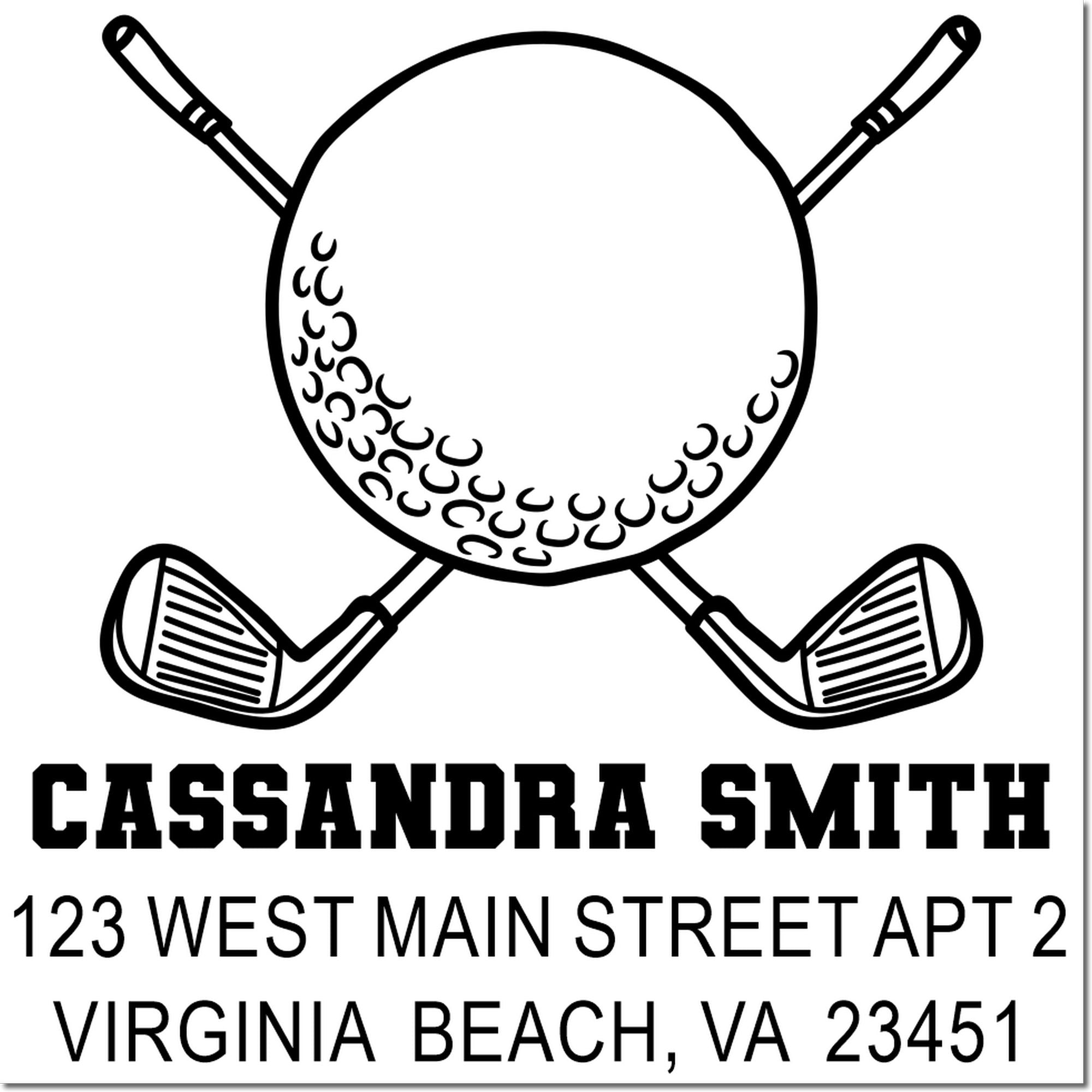 Custom golf-themed return address rubber stamp for Cassandra Smith, 123 West Main Street Apt 2, Virginia Beach, VA 23451