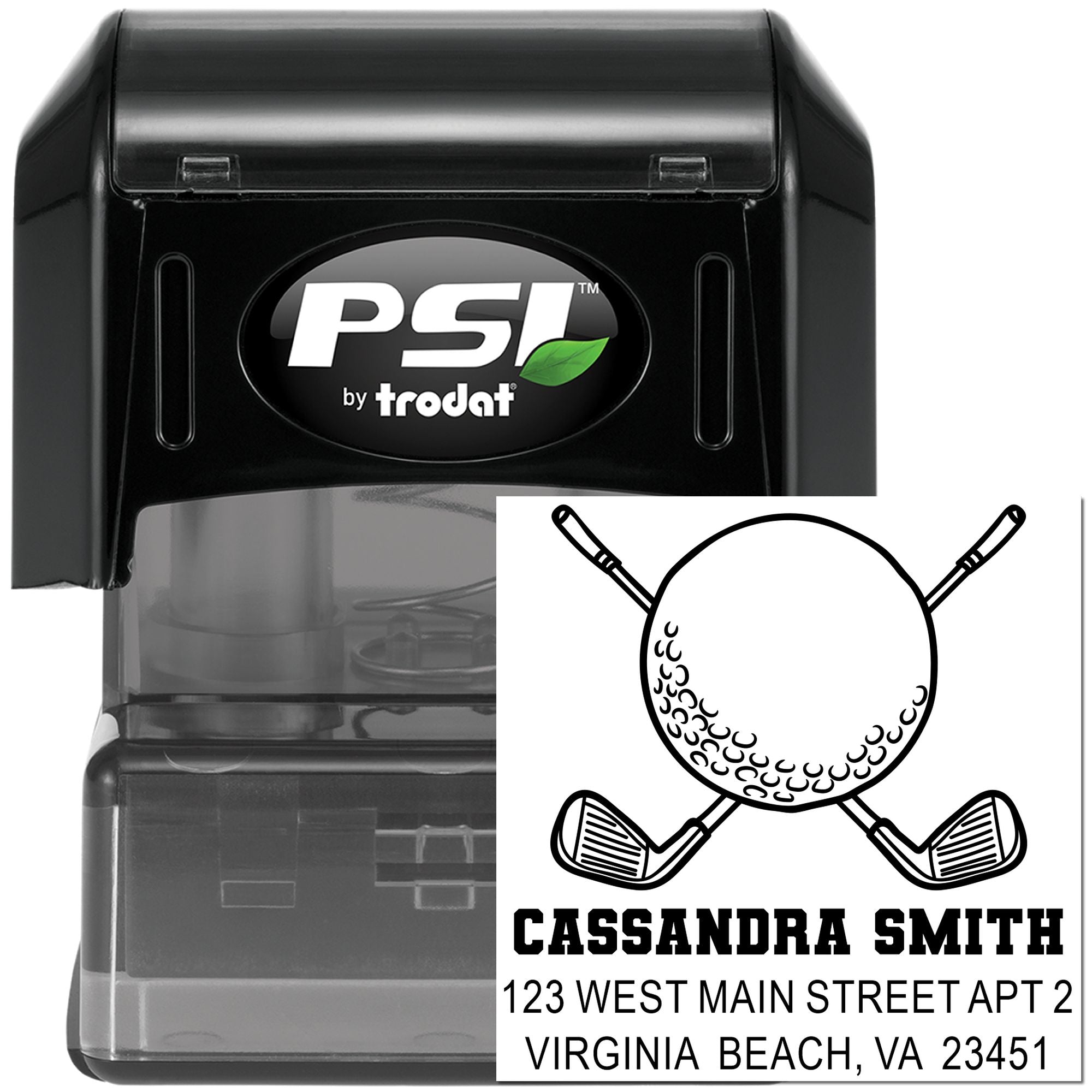 Custom golf-themed self-inking rubber stamp by PSI/Trodat for return address labels, featuring golfer ball and clubs design.