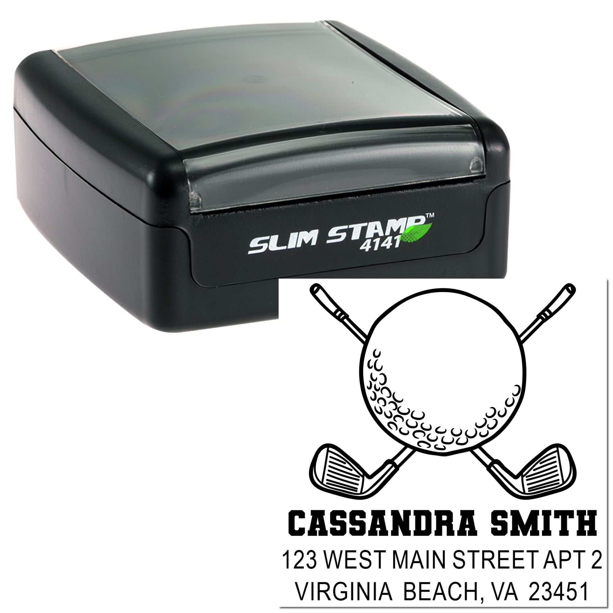 Custom self-inking rubber stamp with golf logo return address for Cassandra Smith, Virginia Beach, VA.