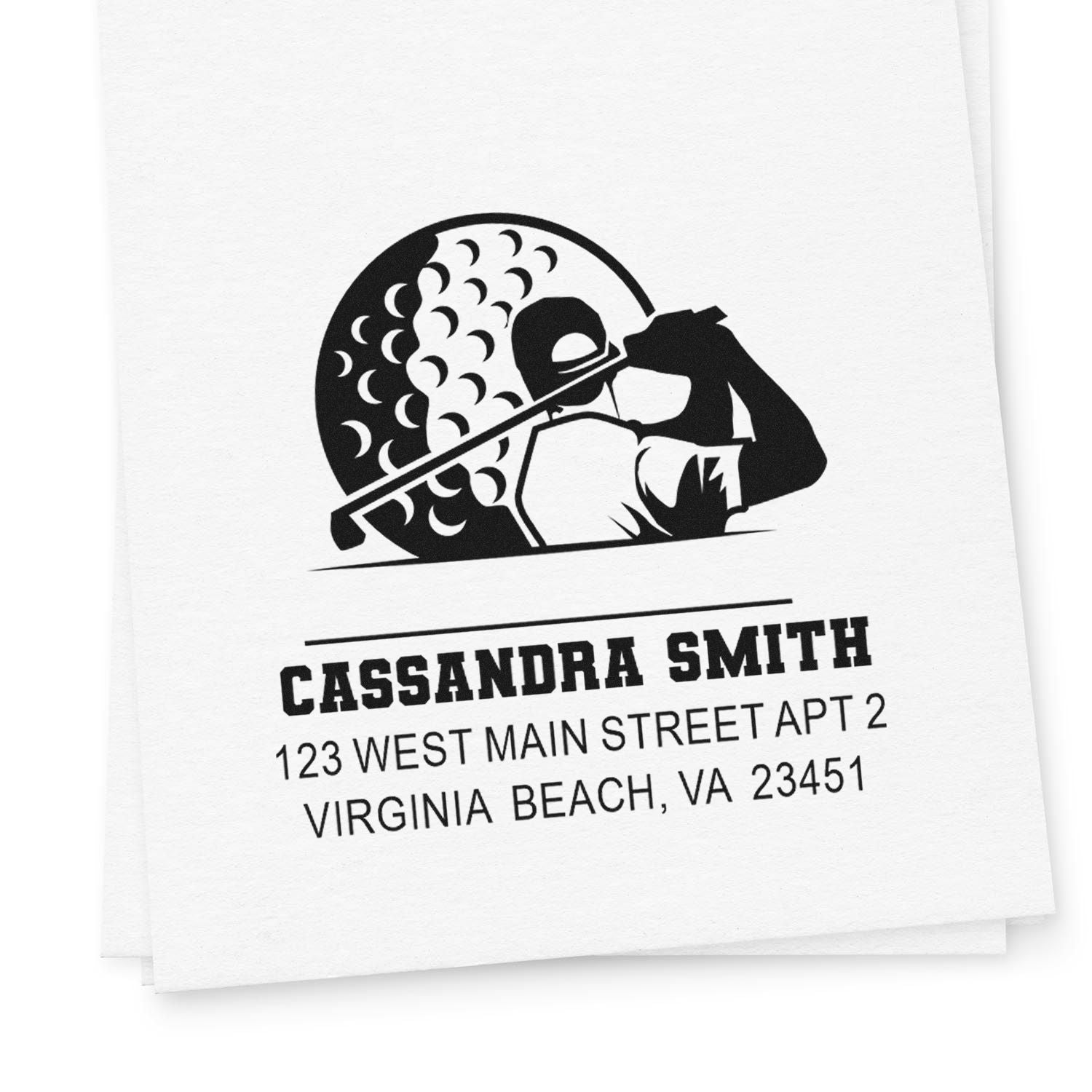 Personalized golf address rubber stamp impression for Cassandra Smith, Virginia Beach, VA with golfer silhouette.