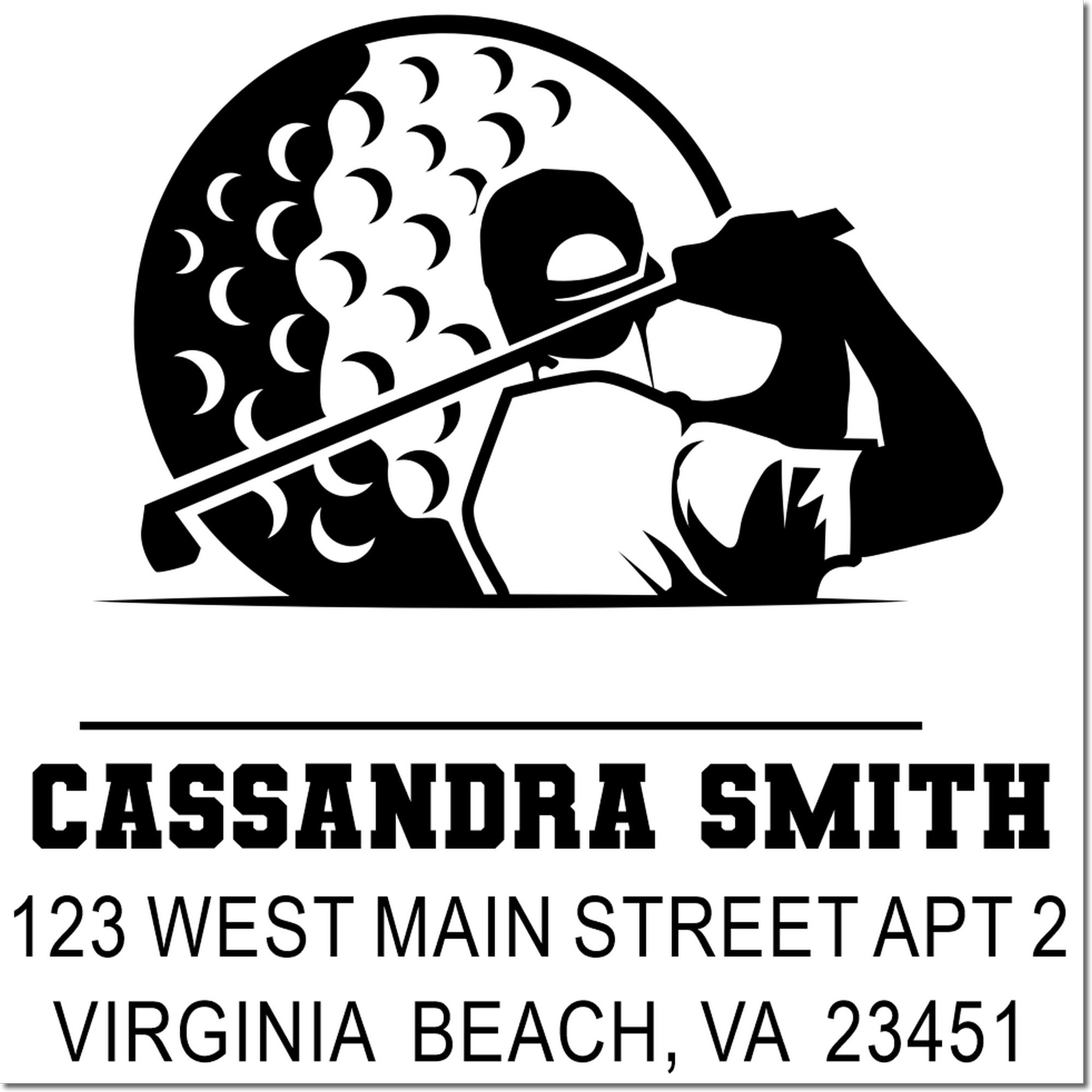 Custom baseball-themed rubber address stamp for Cassandra Smith, 123 West Main Street Apt 2, Virginia Beach, VA 23451.