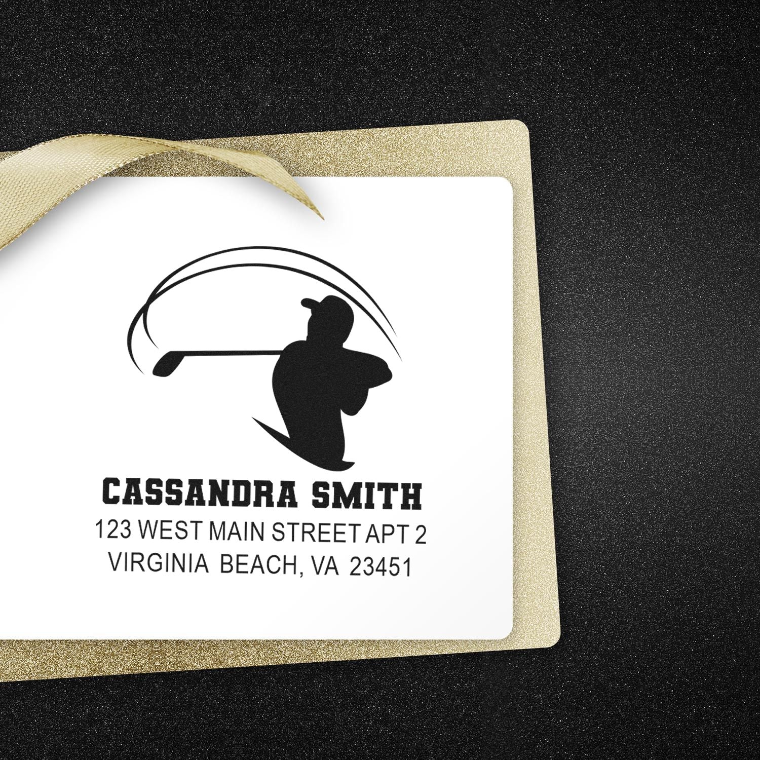 Personalized golf return address rubber stamp with golfer silhouette, Cassandra Smith, Virginia Beach, VA