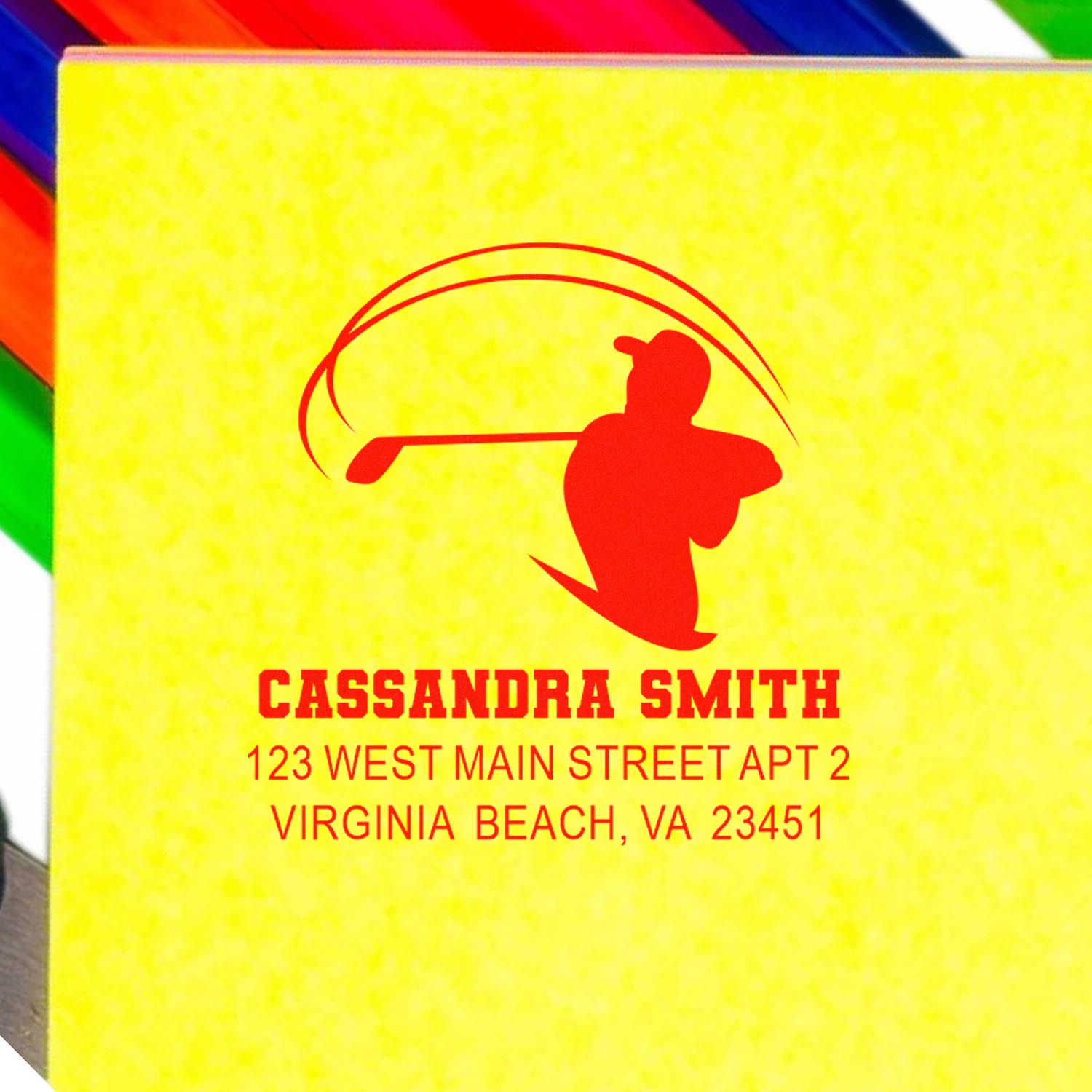 Custom return address rubber stamp with golfer logo, Cassandra Smith, and Virginia Beach, VA mailing details.