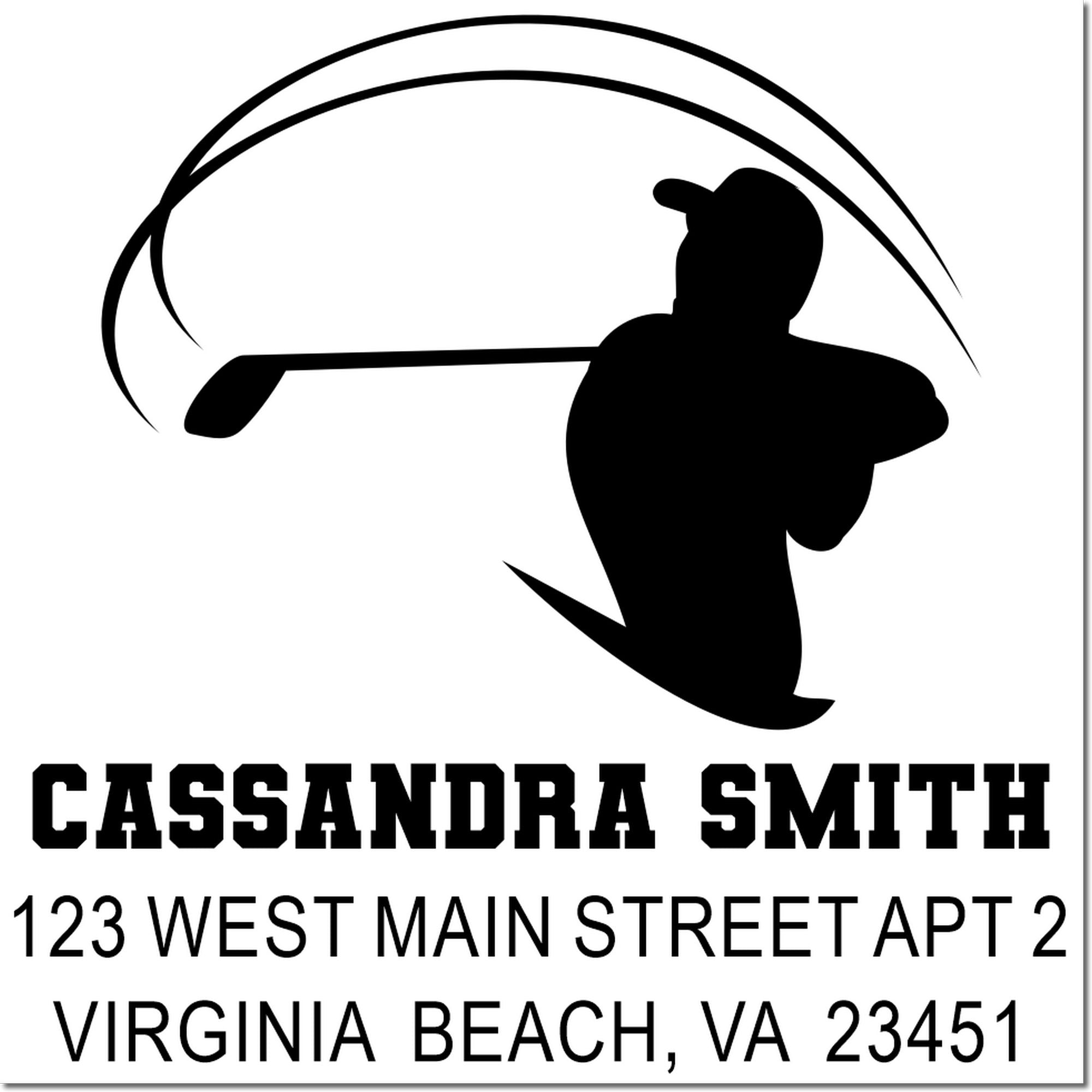 Custom golf return address rubber stamp for Cassandra Smith, 123 West Main Street Apt 2, Virginia Beach, VA 23451.