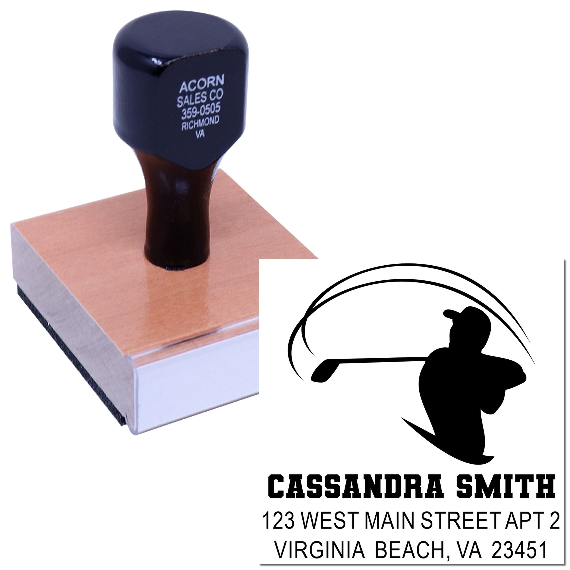 Custom rubber address stamp with golfer logo and name imprint for personalized business mailings.