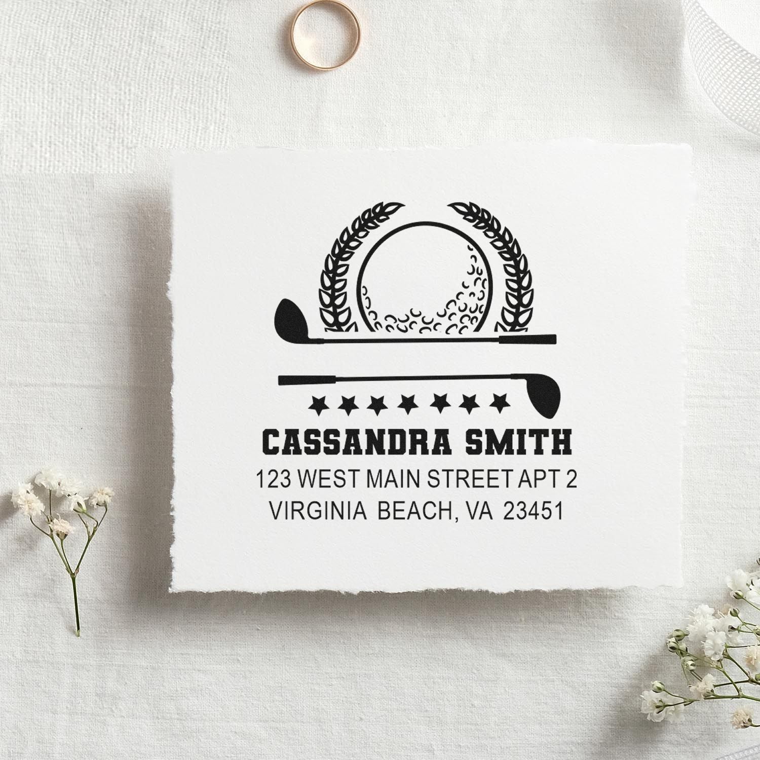 Custom baseball return address rubber stamp with name and mailing address for personalized wedding, business, or envelope stamping.