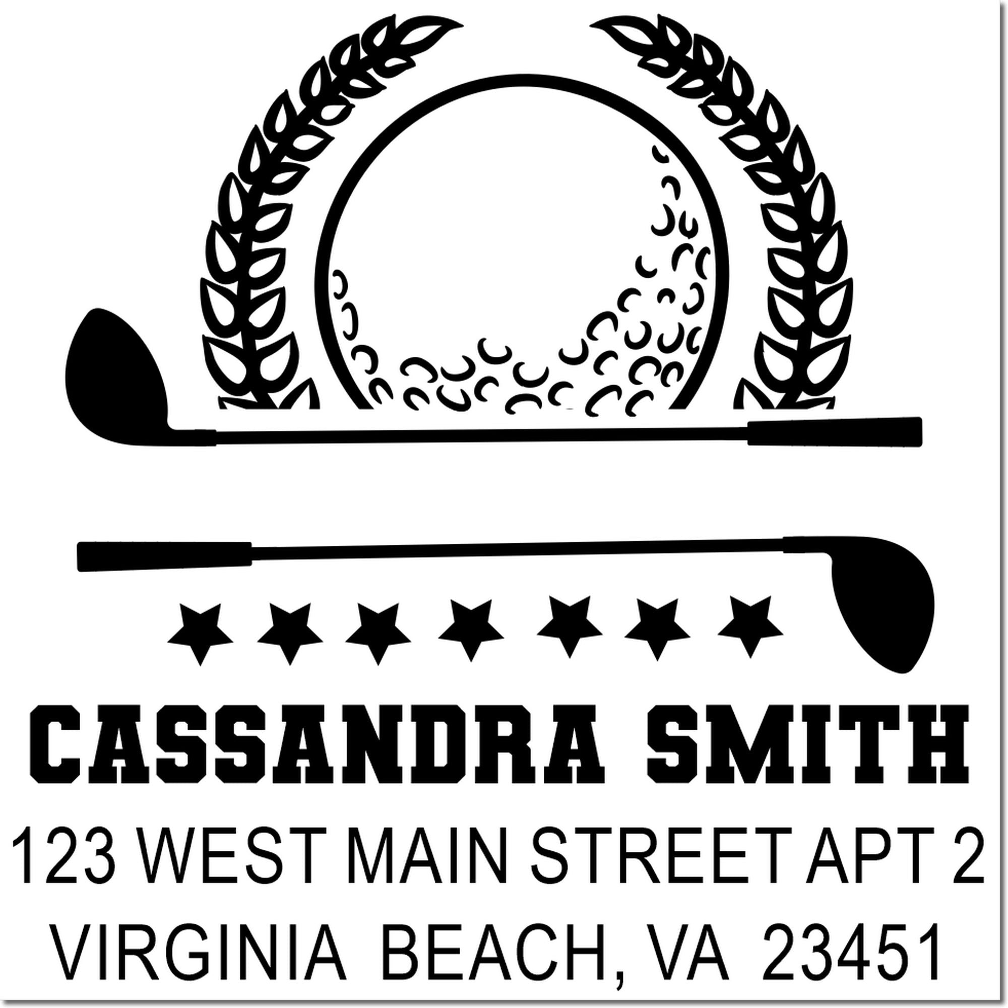 Custom golf return address rubber stamp for Cassandra Smith, Virginia Beach, VA 23451 with golfer silhouette.
