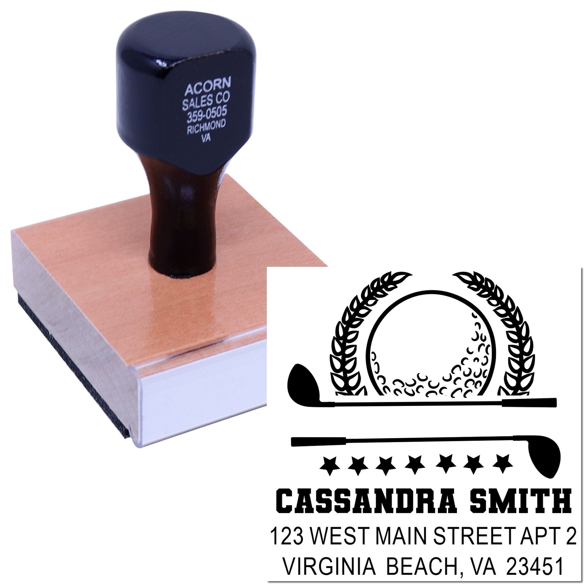 Custom golf-themed rubber address stamp with golf ball design, personalized name, and mailing address