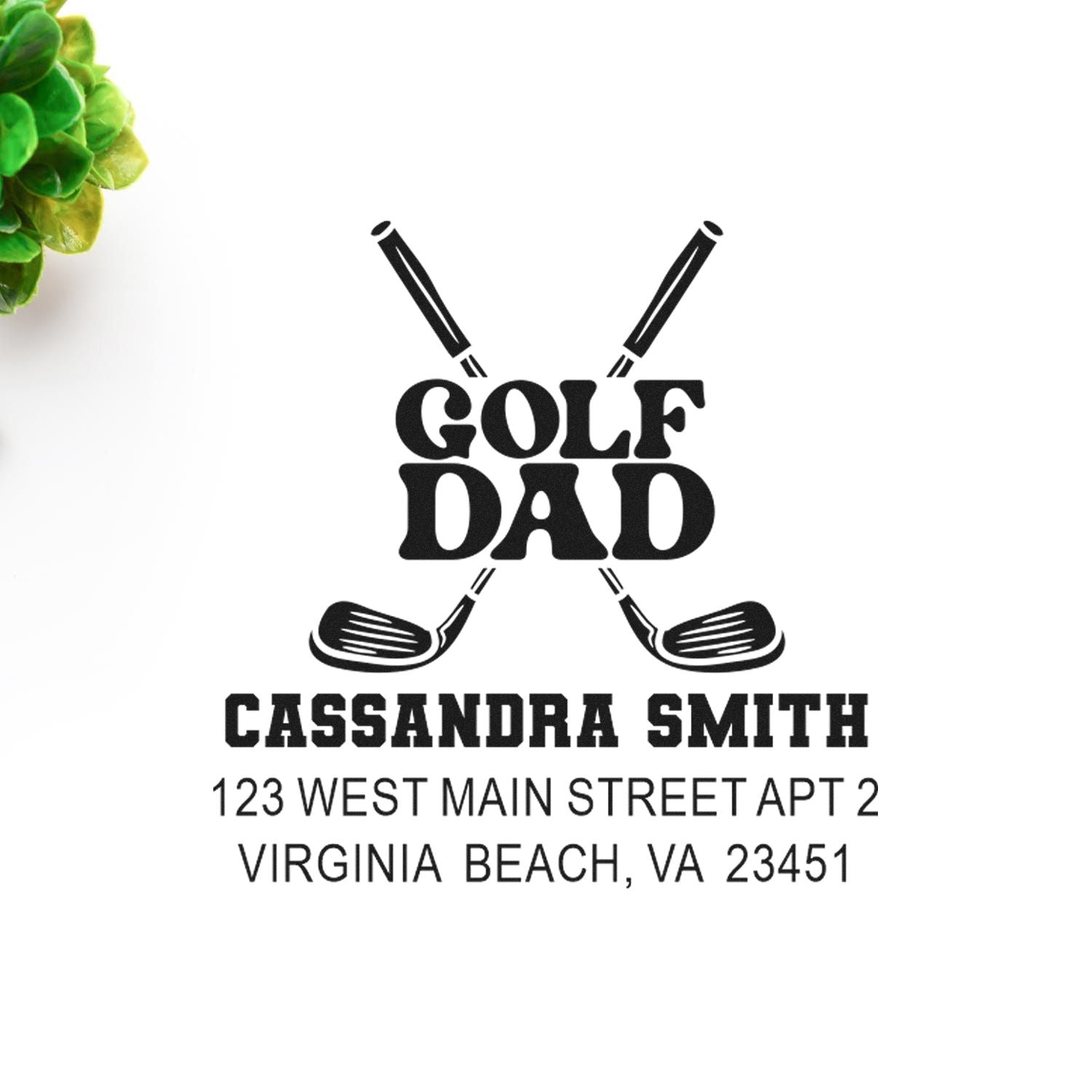 Personalized Golf Dad return address rubber stamp with crossed clubs for Cassandra Smith, Virginia Beach, VA.