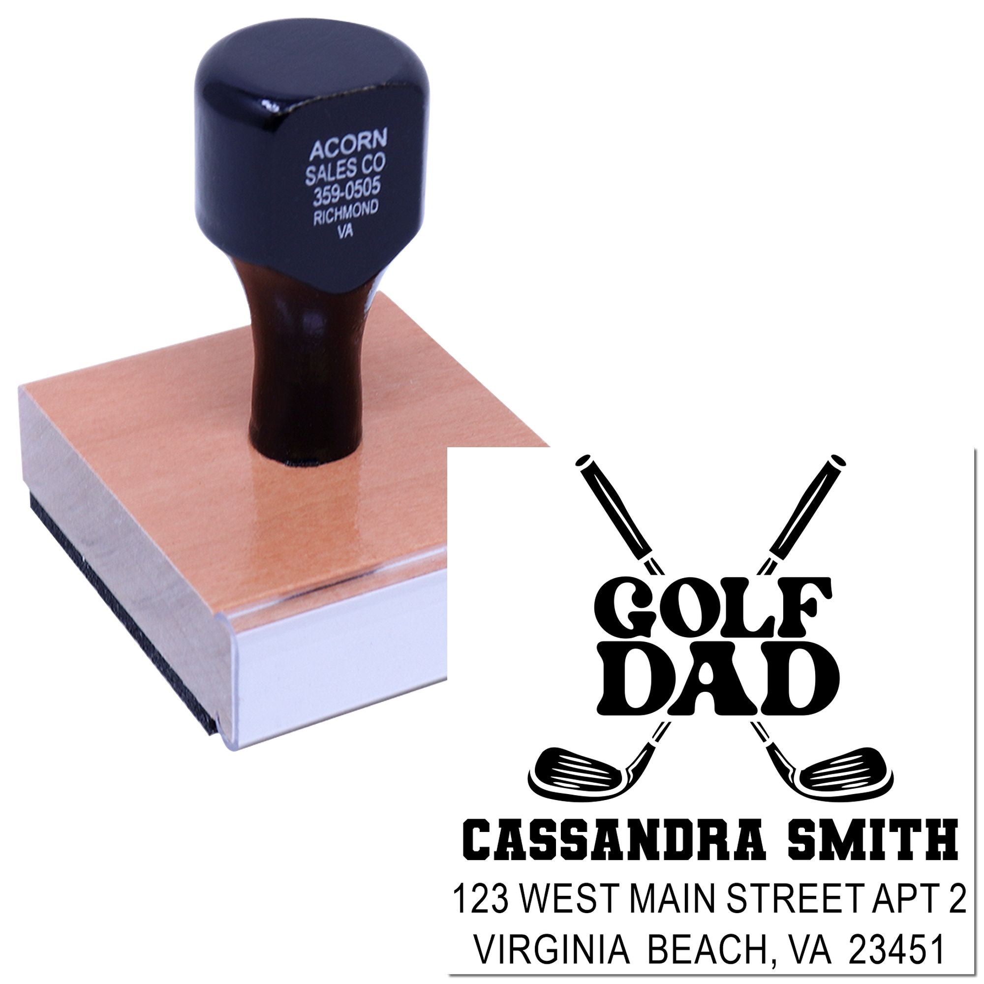 Custom Golf Dad rubber stamp with name and address for personalized return mail, gifts, and stationery