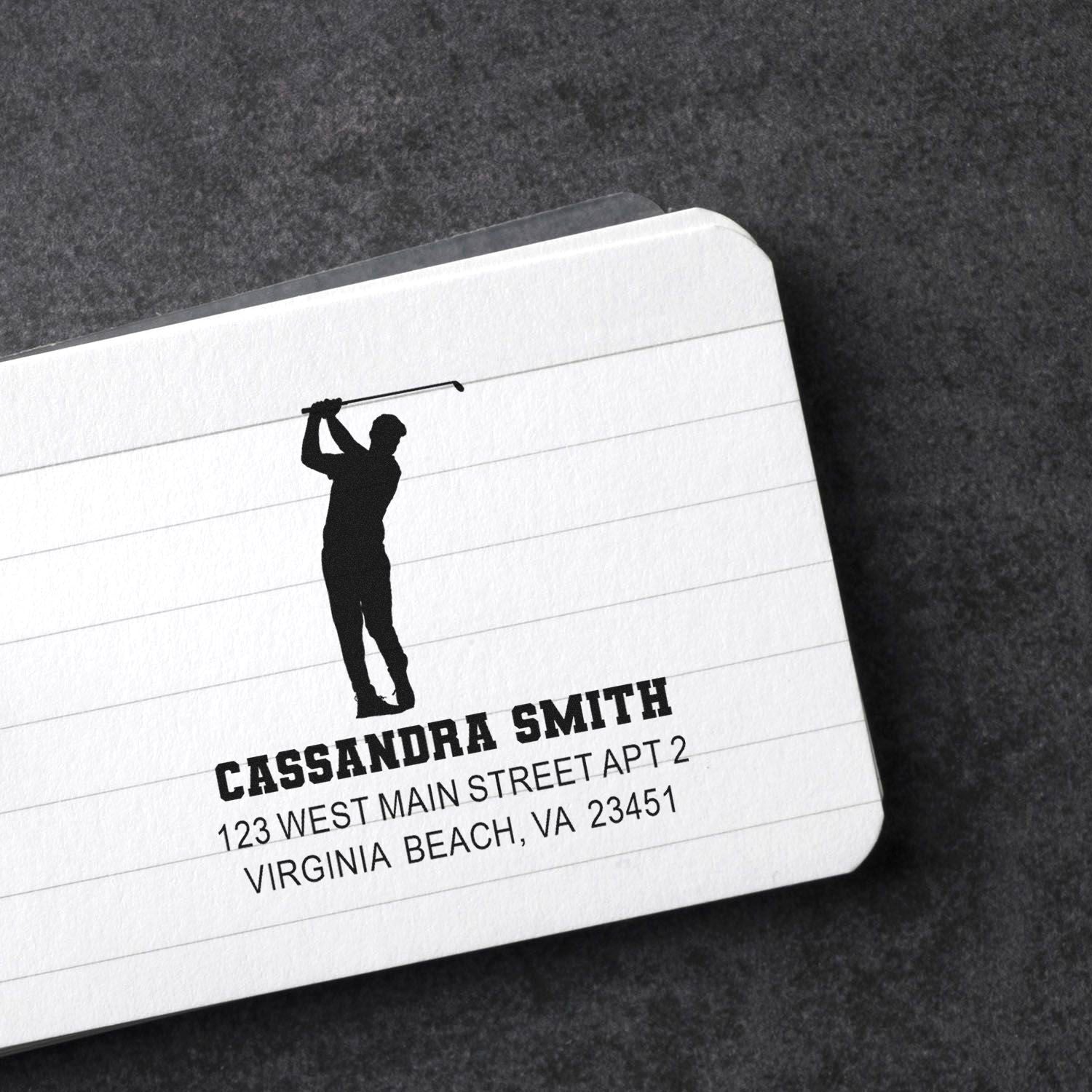 Personalized golf address rubber stamp with golfer silhouette, name, and return address.