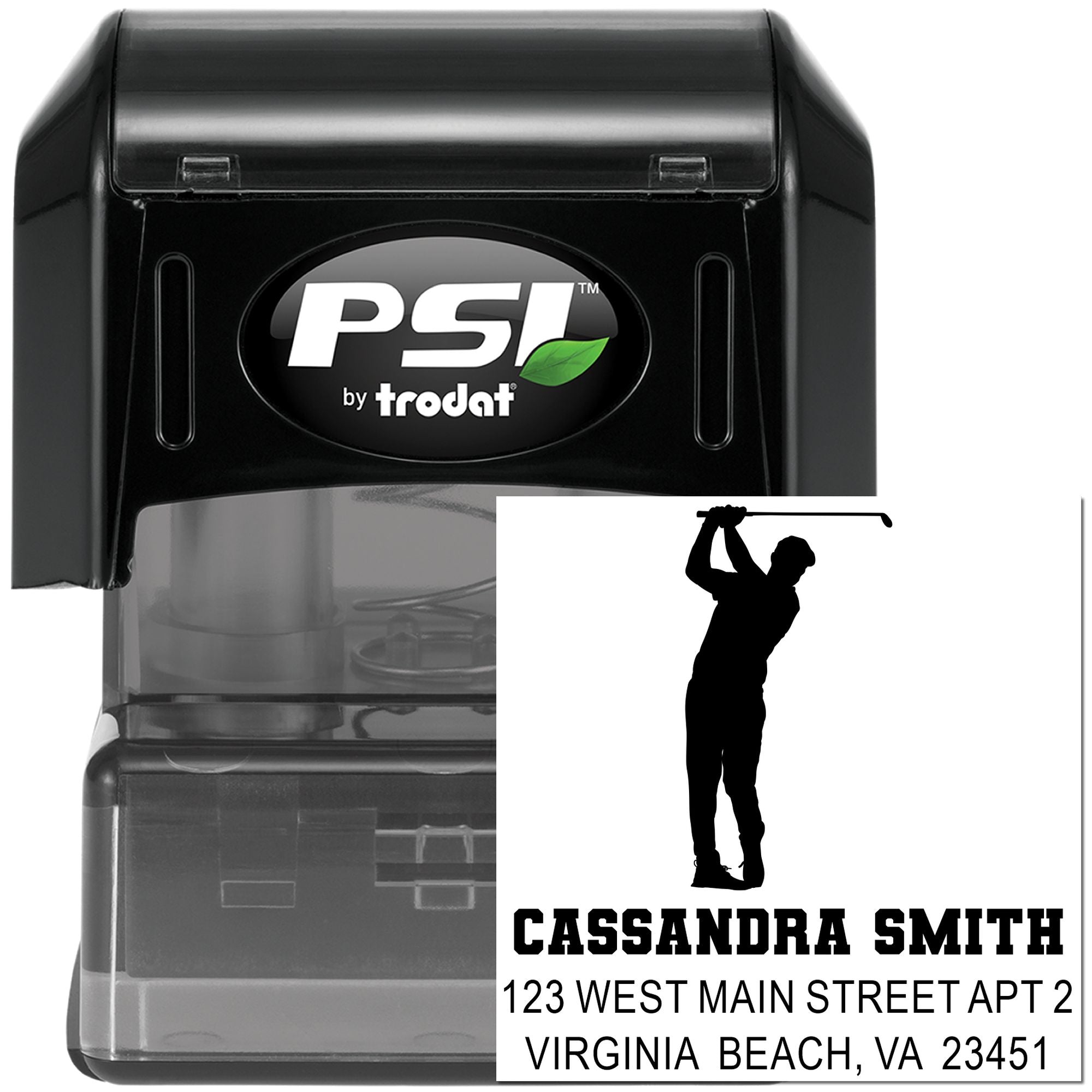 Custom self-inking golf address stamp by PSI Trodat with personalized name and Virginia Beach return address.