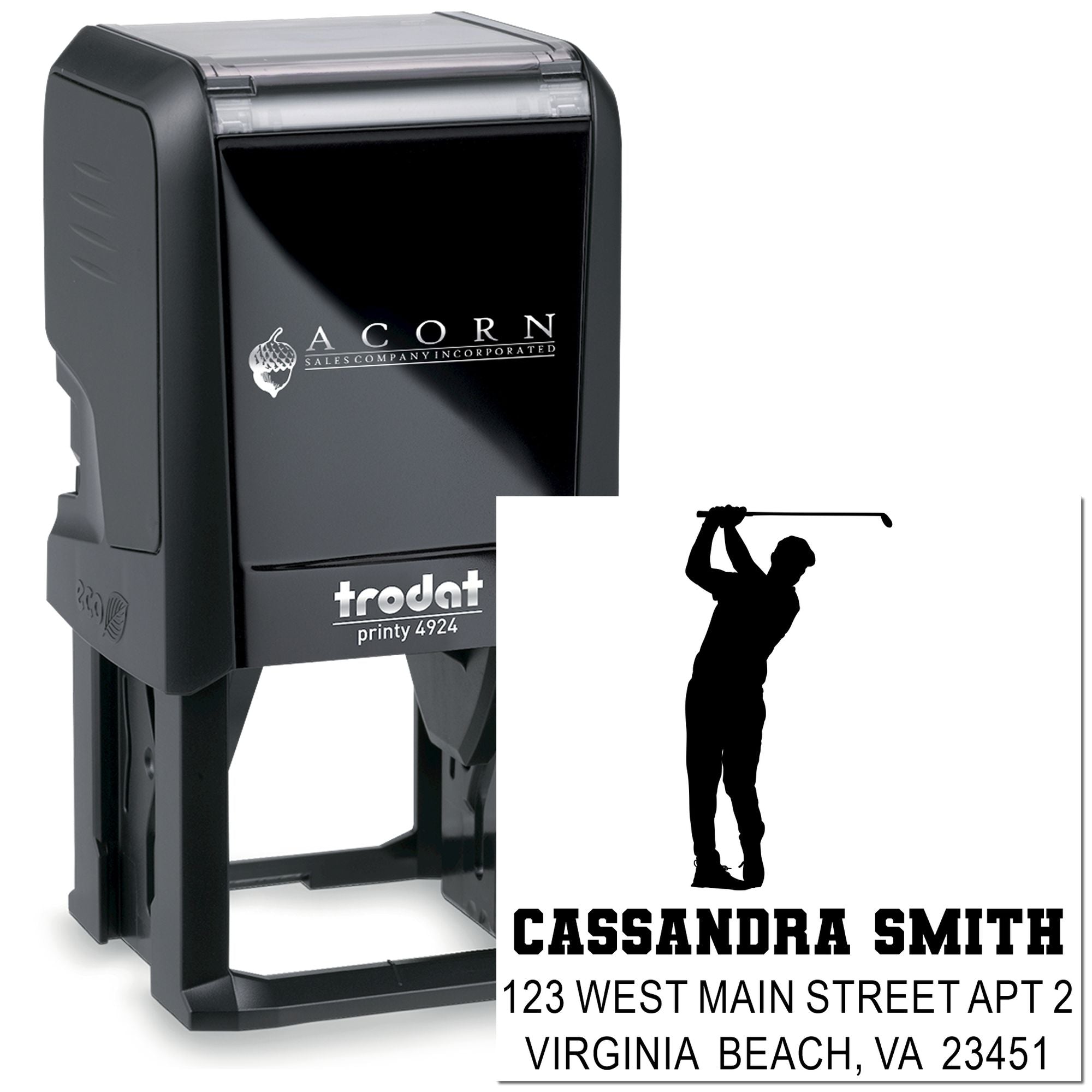 Custom self-inking rubber stamp with golfer logo and address, ideal for personalized mailing and business branding.