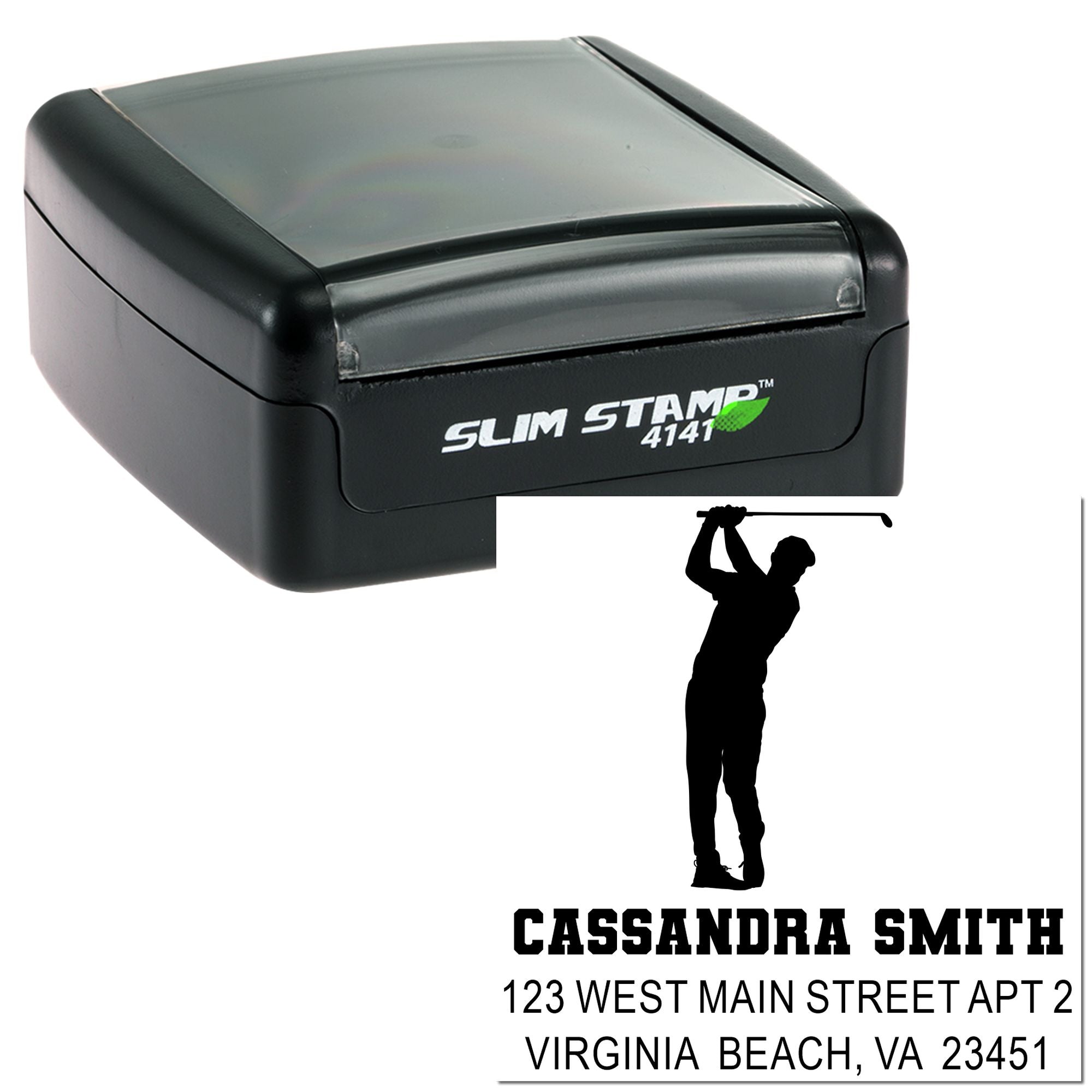 Custom self-inking rubber address stamp with golfer design for personalized mail, golf gifts, and packaging.