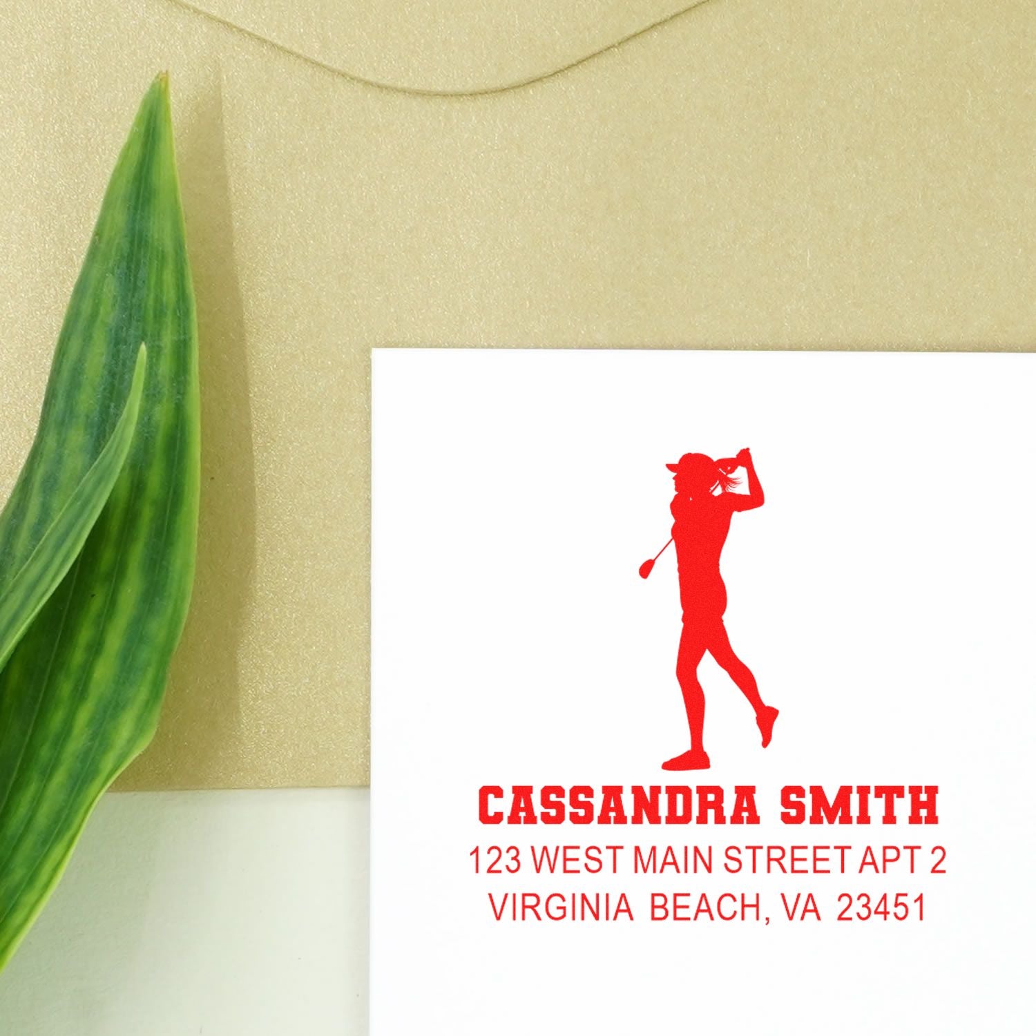 Custom golfer return address rubber stamp with name and Virginia Beach address for personalized mailing.