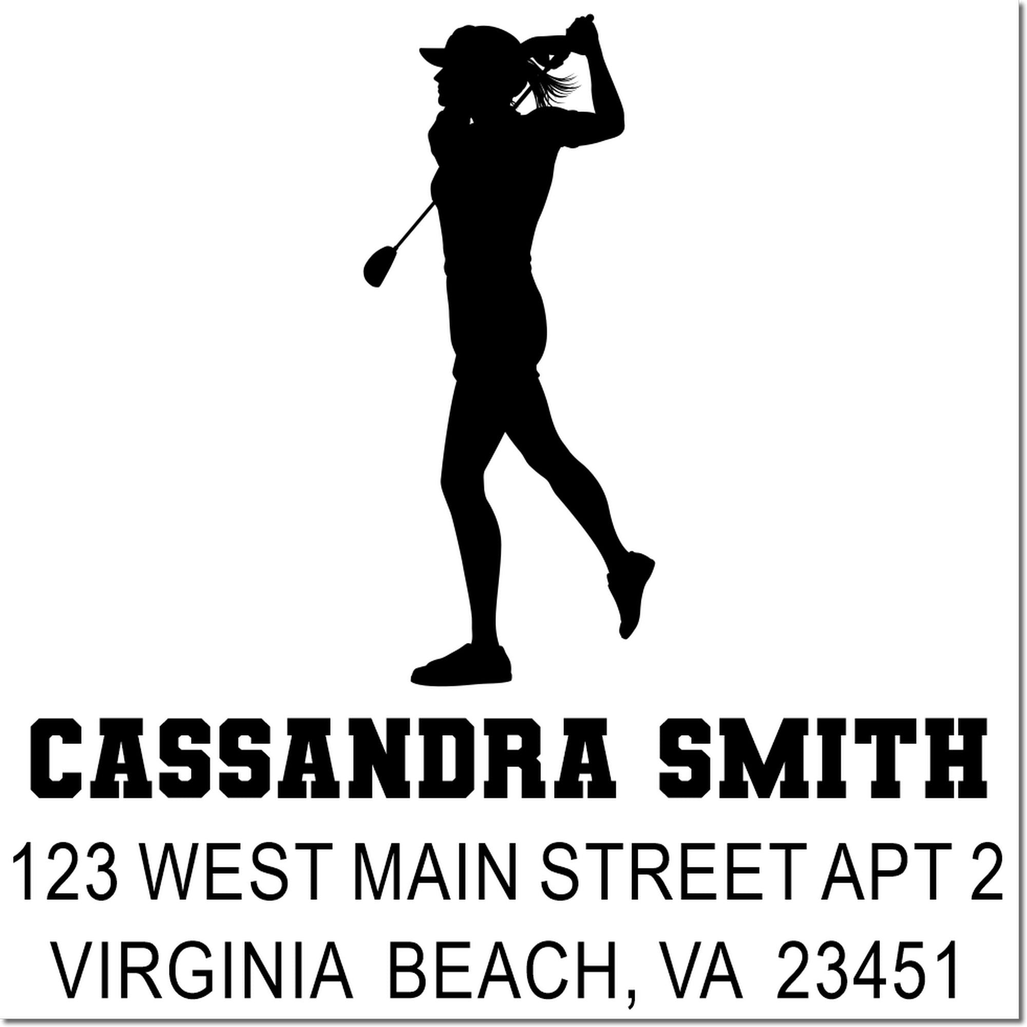Custom female golfer return address rubber stamp for Cassandra Smith, Virginia Beach, VA 23451