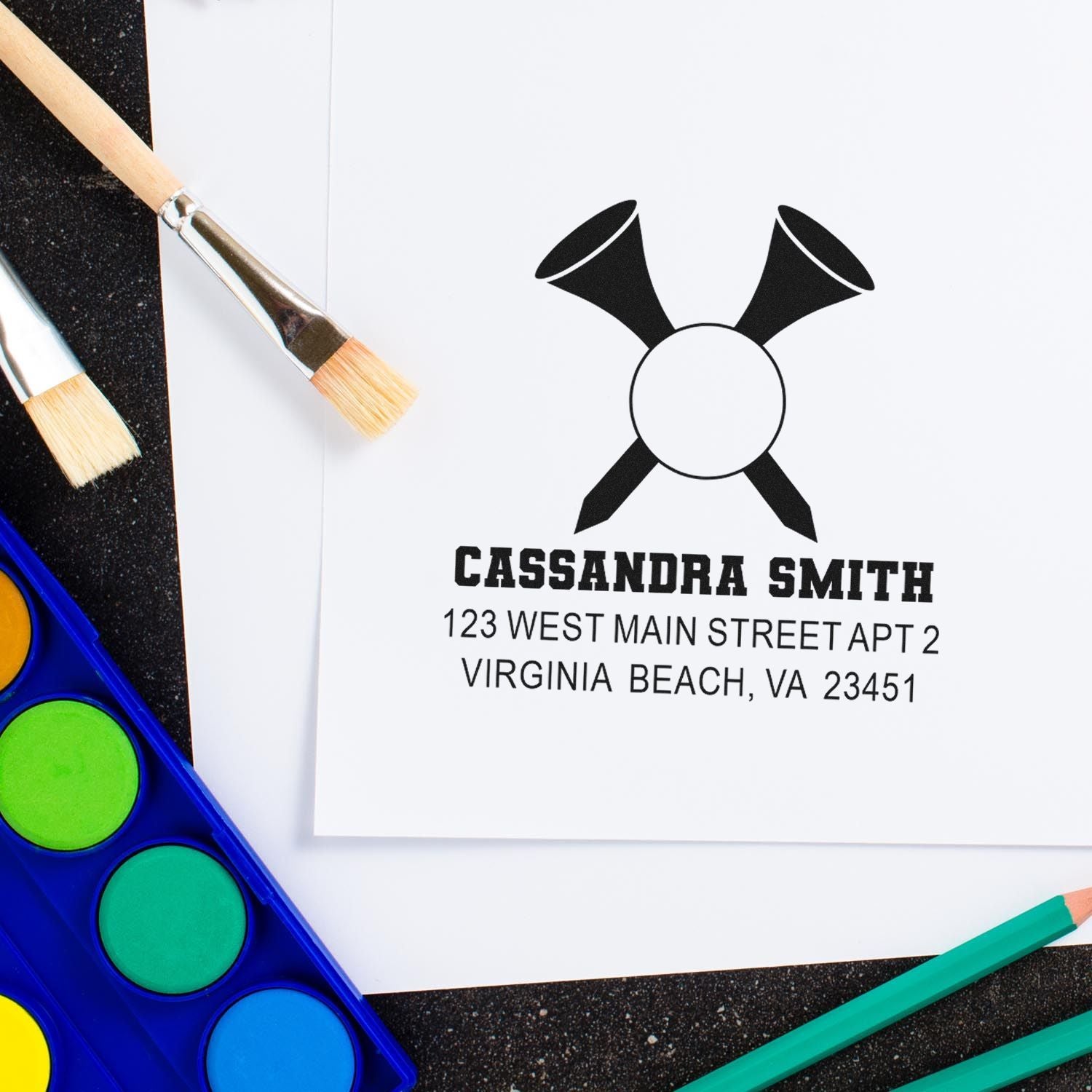 Personalized return address rubber stamp with name and Virginia Beach address for custom mailing and stationery.