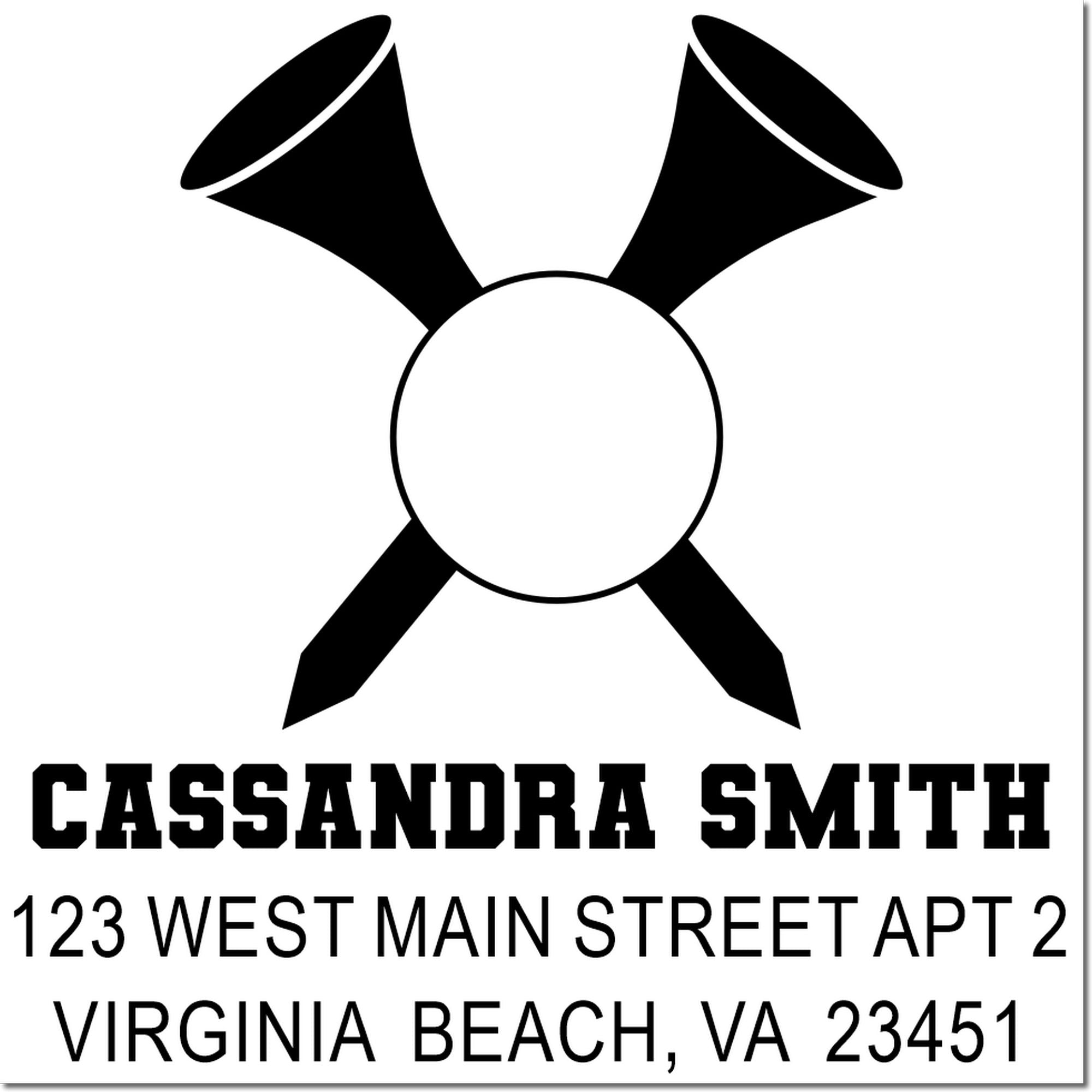 Personalized return address rubber stamp for Cassandra Smith, 123 West Main Street Apt 2, Virginia Beach, VA 23451.