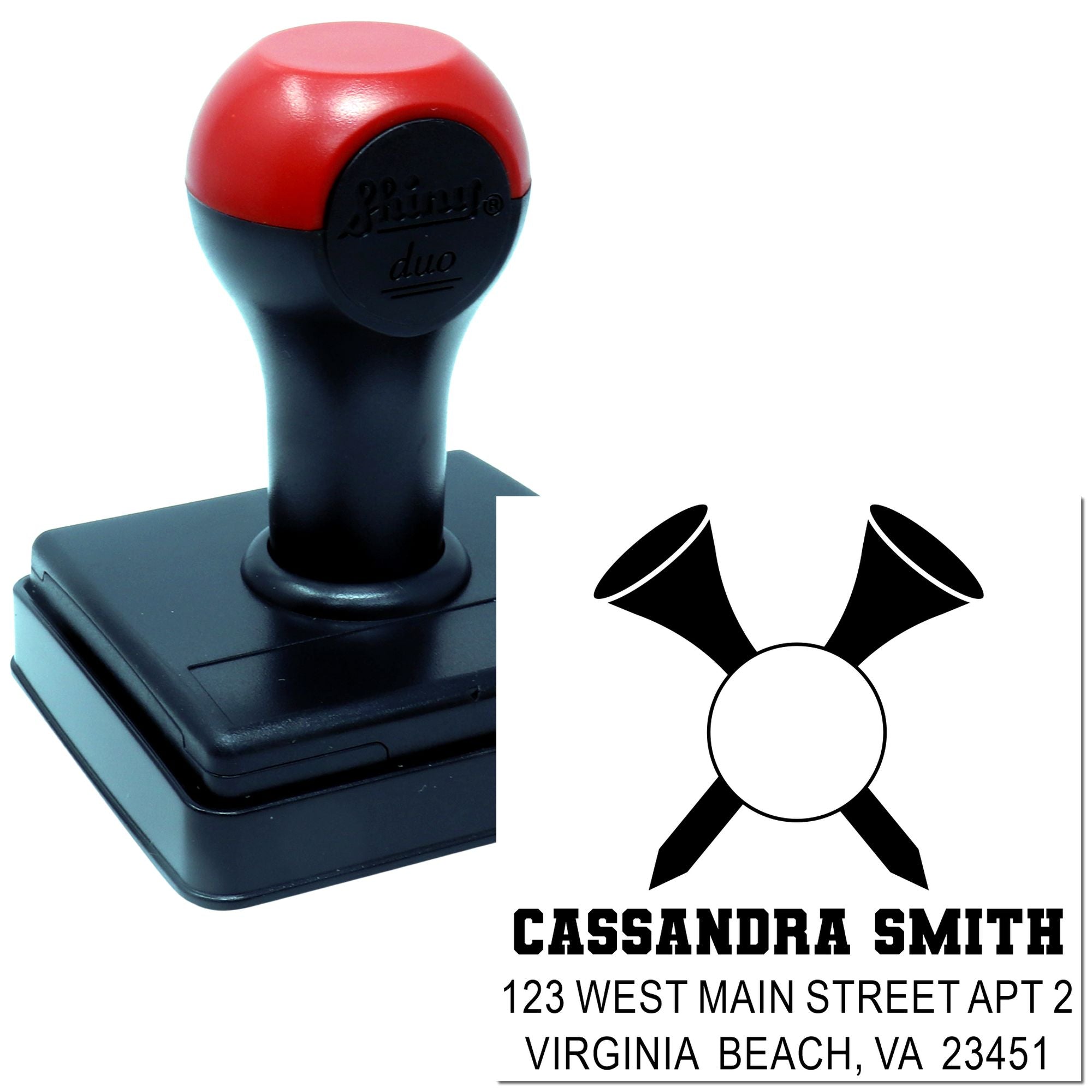 Personalized self-inking rubber address stamp with name and Virginia Beach return address