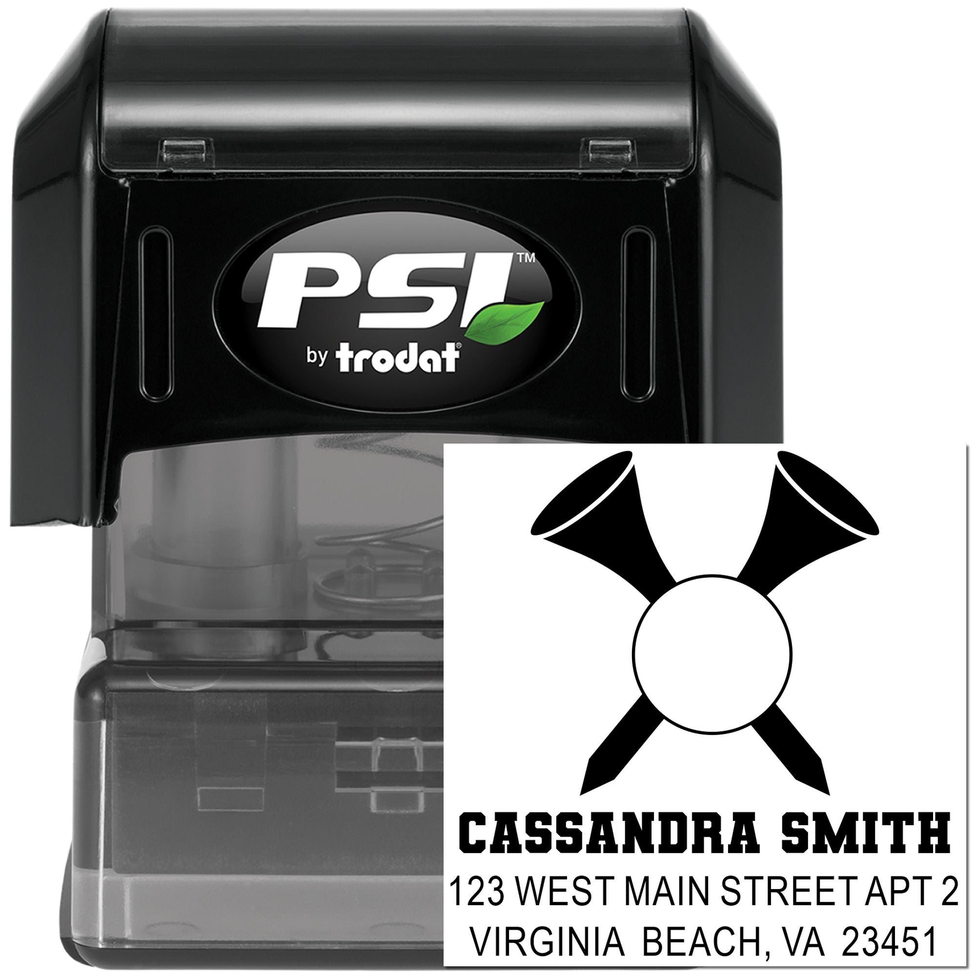 PSI by Trodat self-inking custom address stamp with personalized name and Virginia Beach return address.