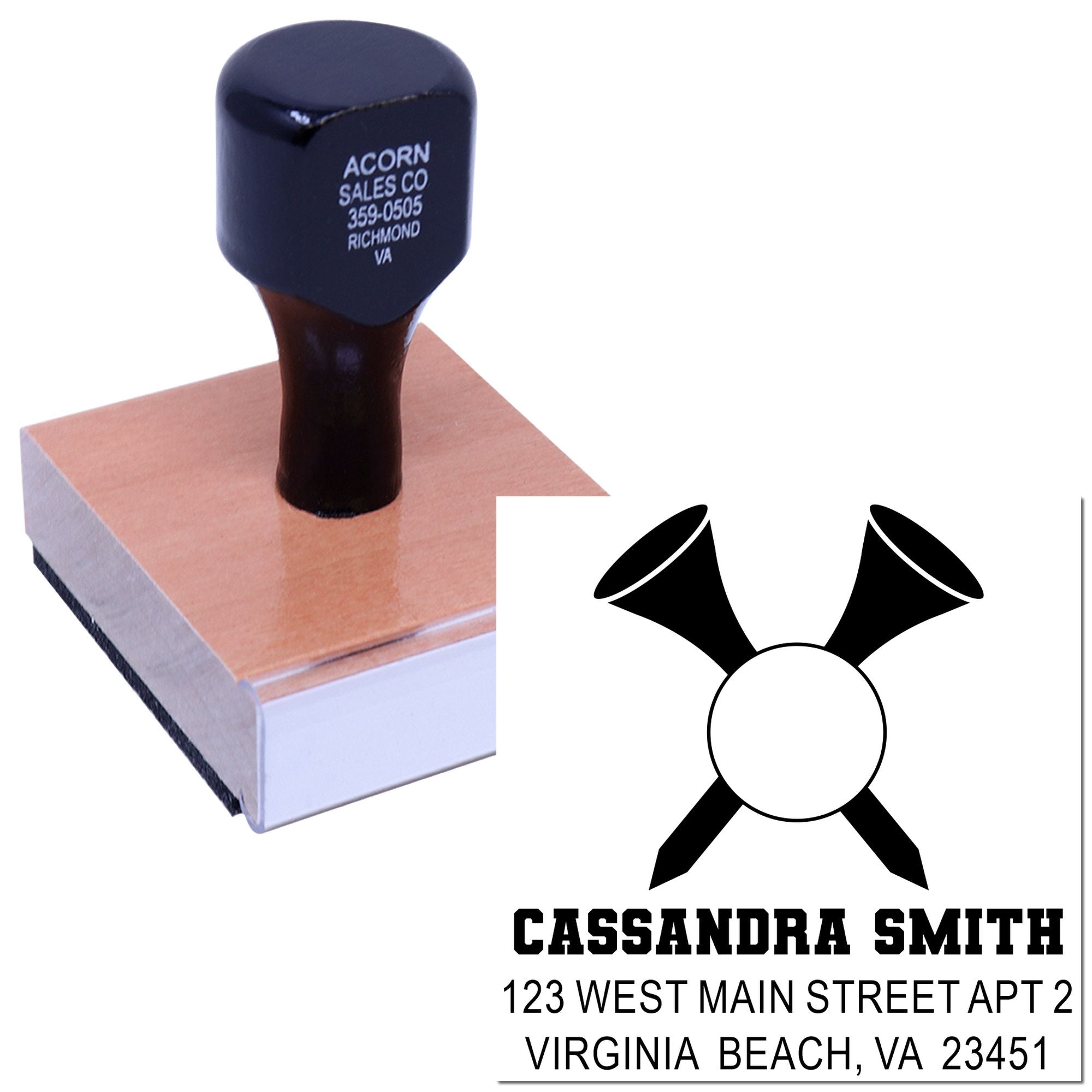 Custom return address rubber stamp with logo, name, and address for mailing and business branding.