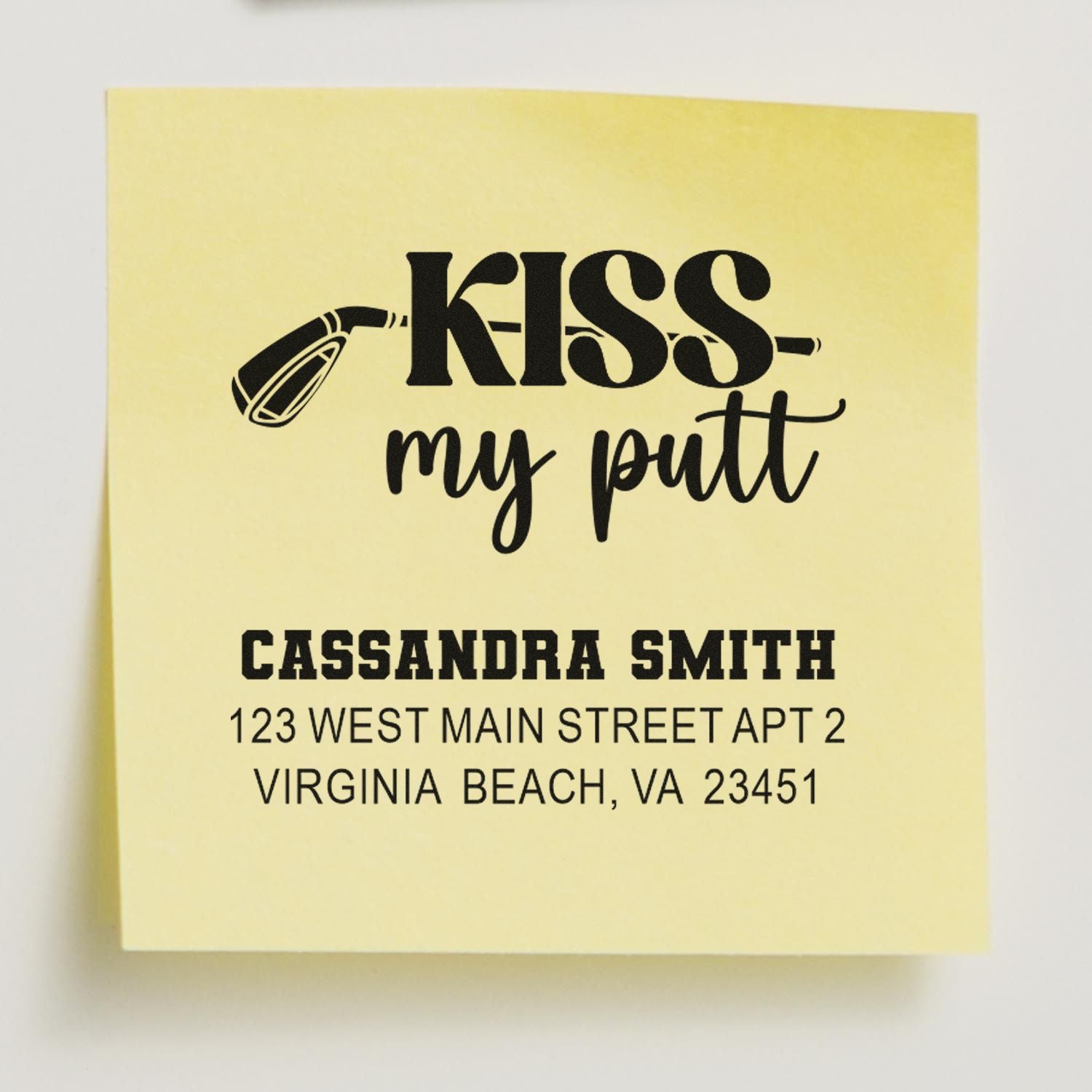 Personalized golf rubber stamp reading Kiss My Putt with name and address for custom mailing labels.