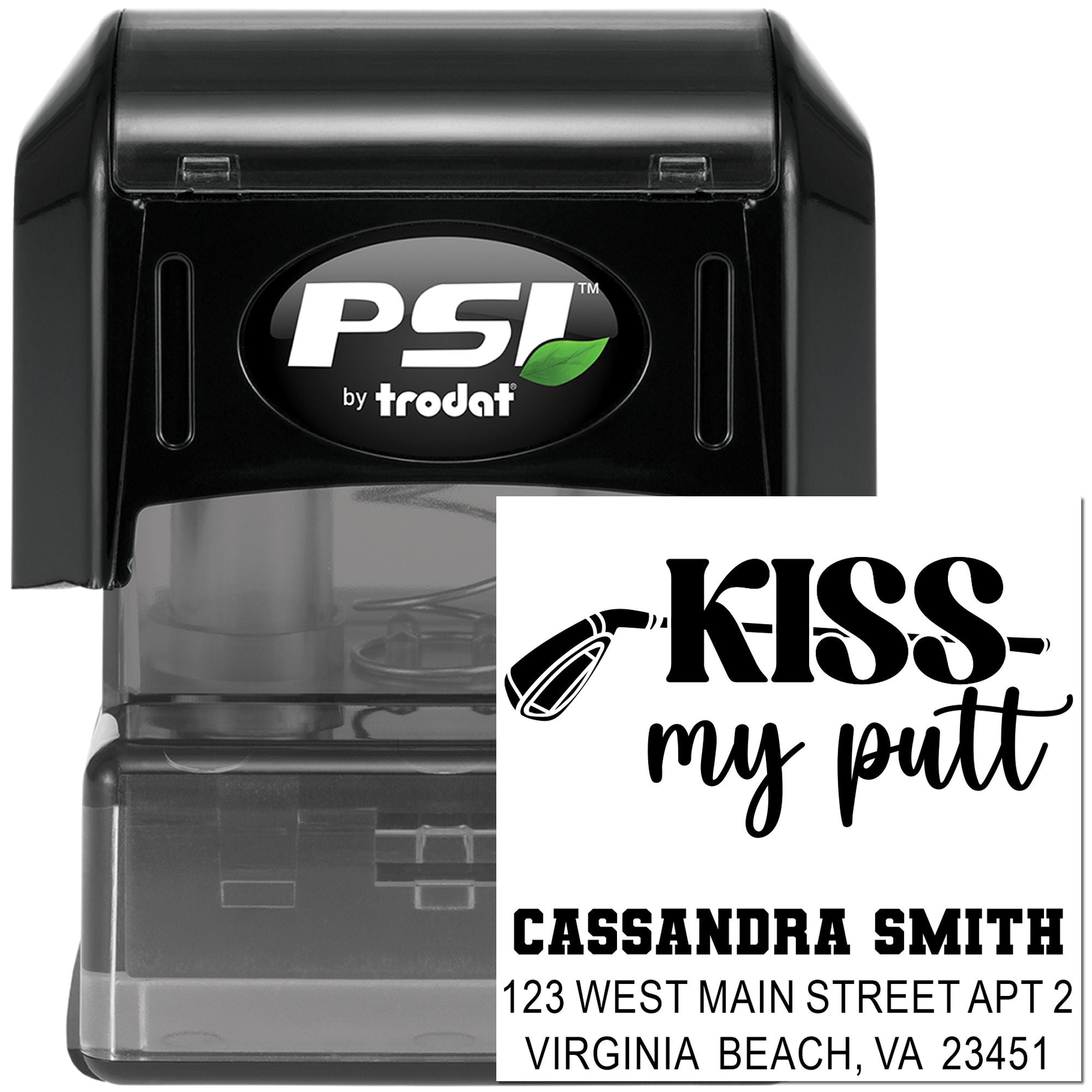 PSI by Trodat custom self-inking rubber stamp with personalized return address and decorative text imprint
