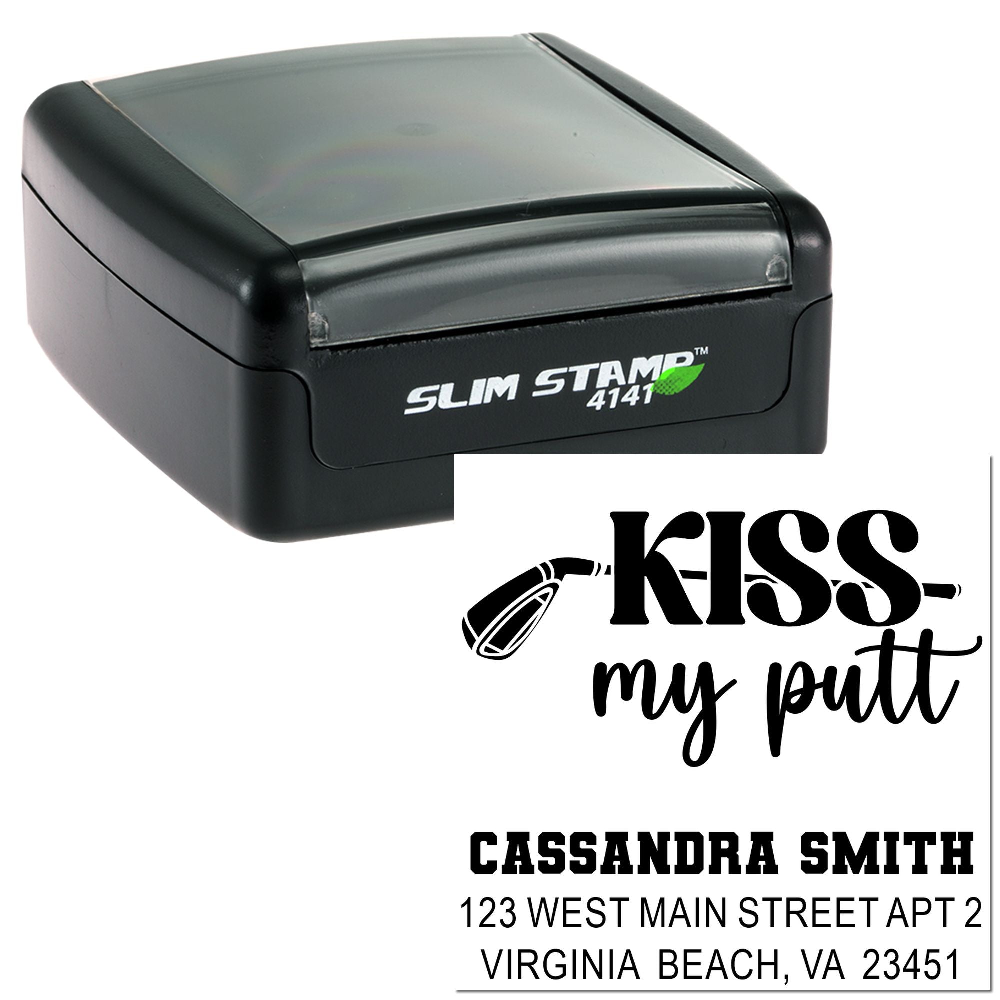 Slim Stamp 4141 self-inking rubber stamp with custom golf kiss my putt design and return address imprint.