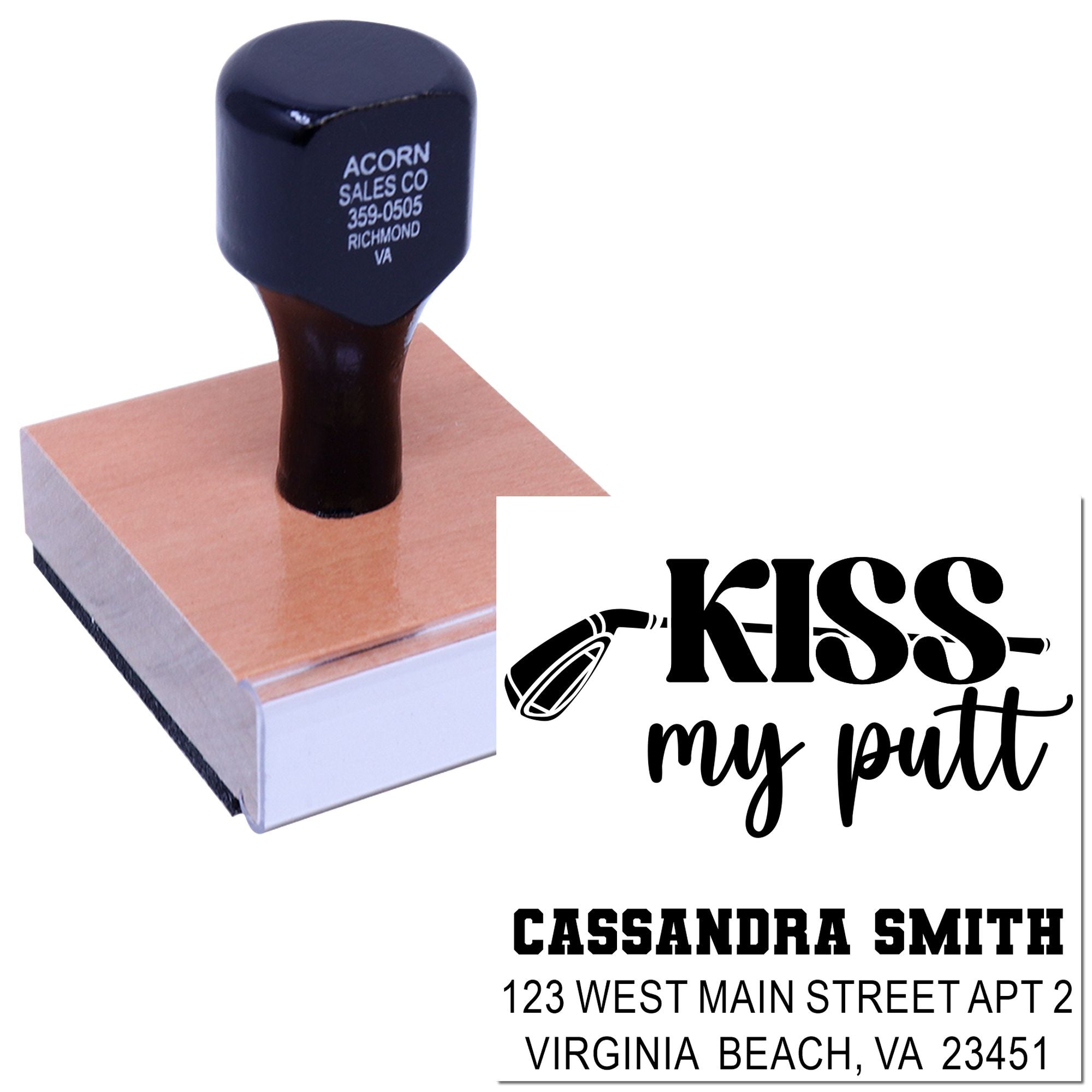 Custom wood-mounted rubber stamp with golf-themed Kiss My Putt design for personalized cards, gifts, and stationery.
