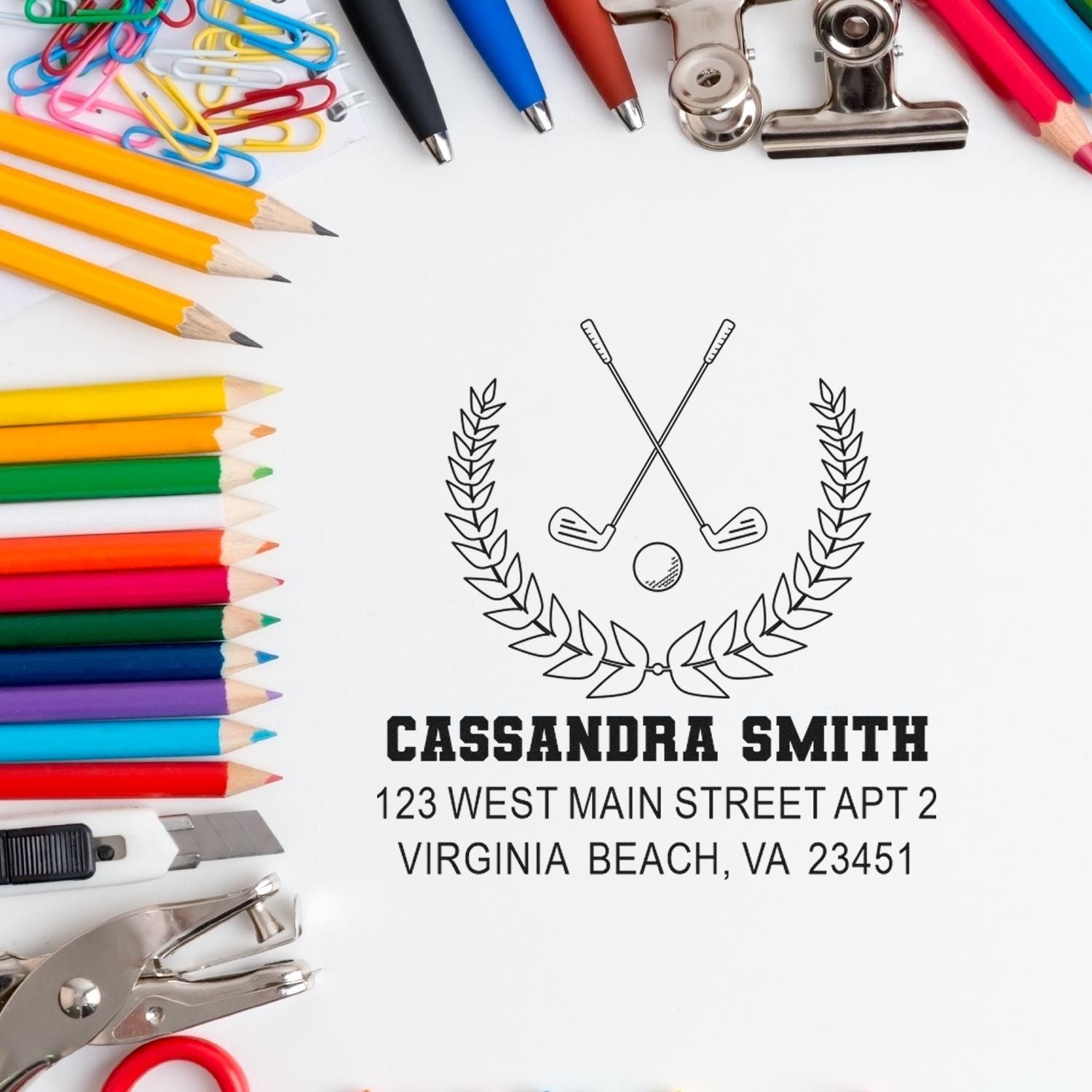 Personalized golf return address rubber stamp with crossed clubs, laurel, and Virginia Beach mailing details.