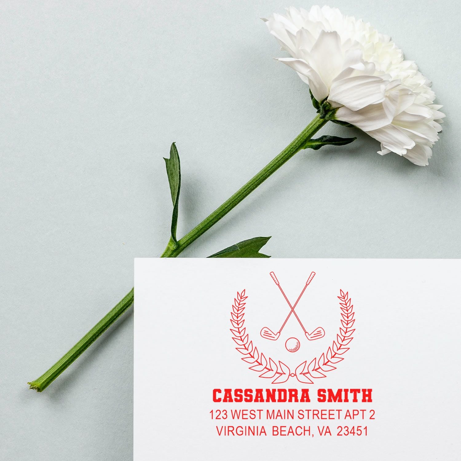 Personalized golf return address rubber stamp with name and address on stationery