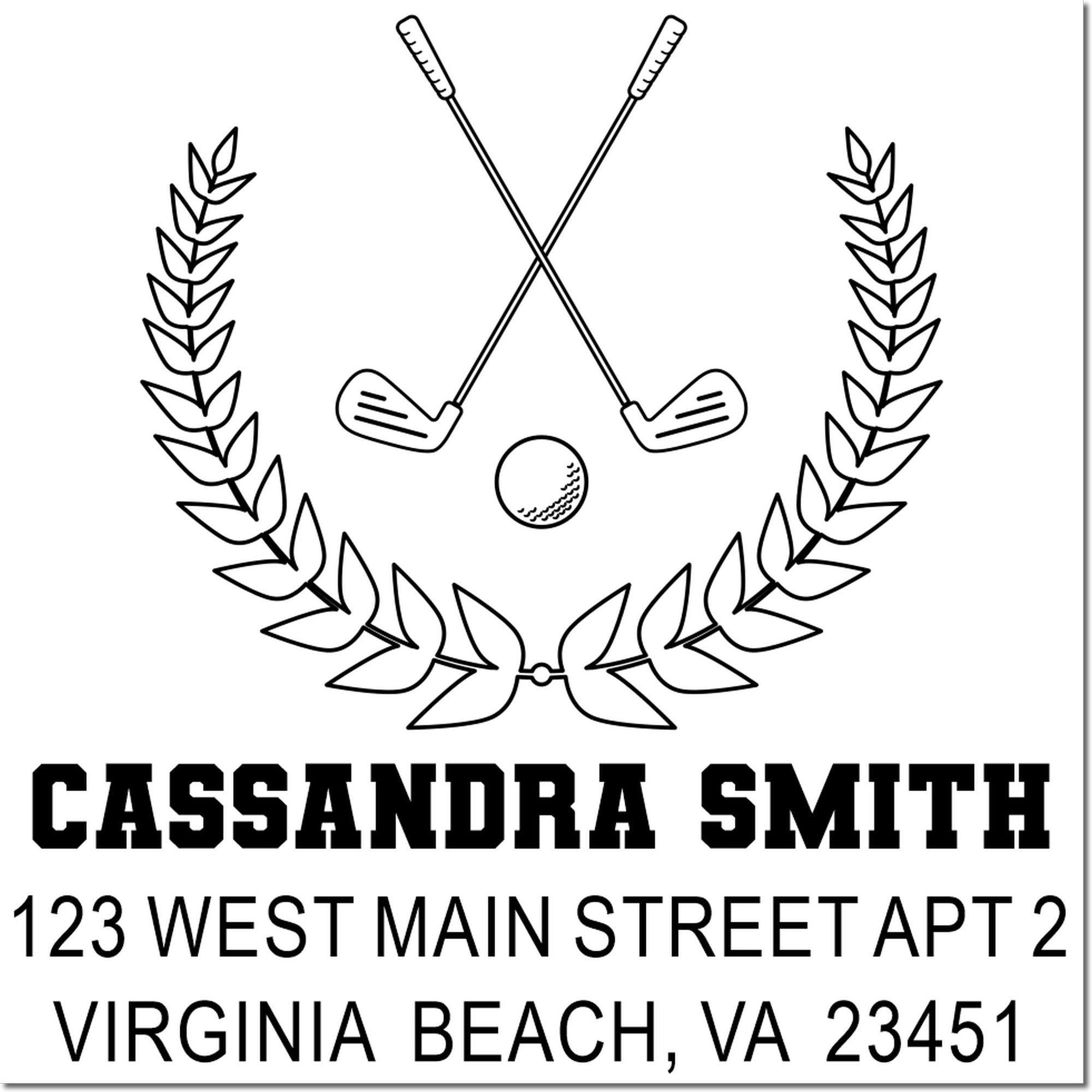 Personalized golf return address rubber stamp for Cassandra Smith, 123 West Main Street Apt 2, Virginia Beach, VA 23451
