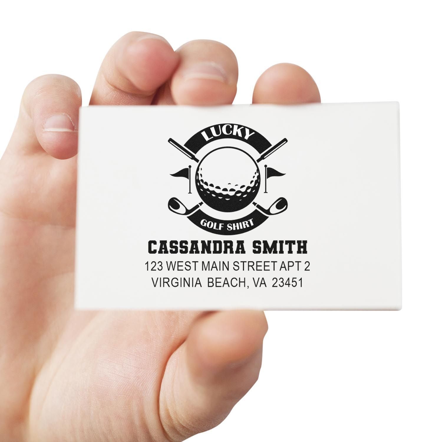 Personalized golf-themed return address rubber stamp with name and Virginia Beach, VA address