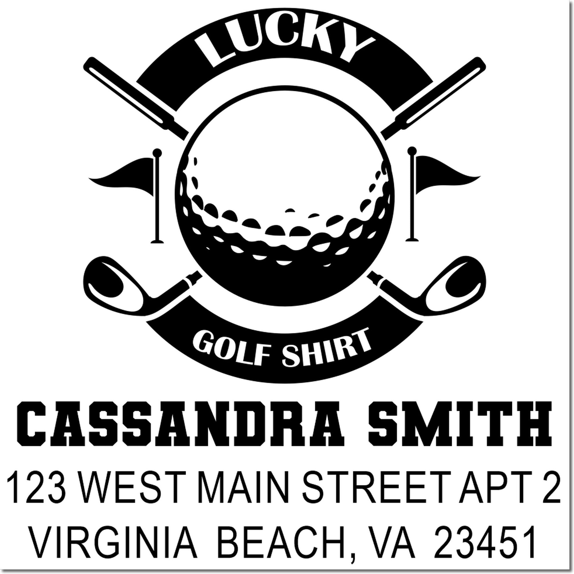 Custom golf-themed return address rubber stamp with Cassandra Smith name and Virginia Beach, VA address.
