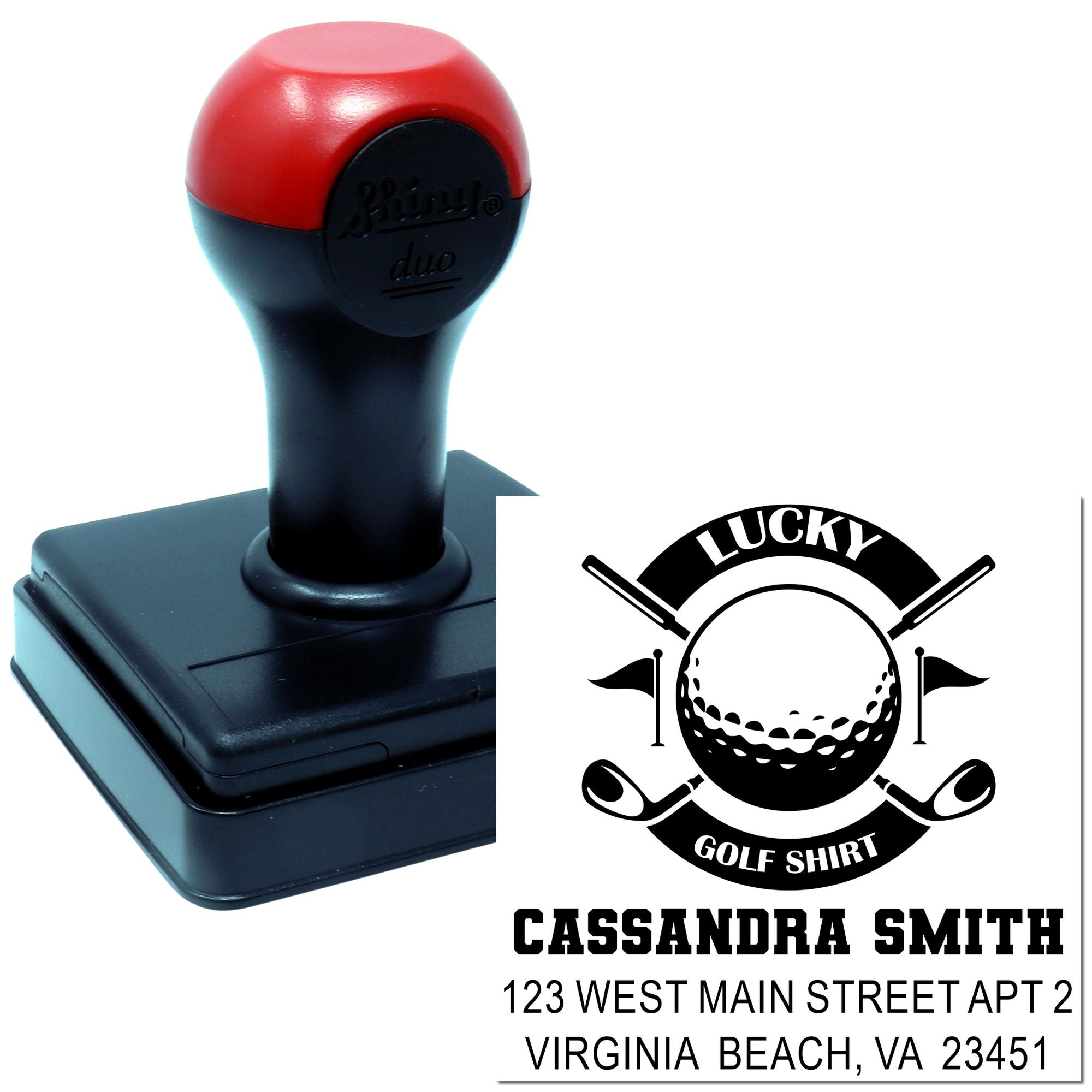 Custom self-inking rubber stamp with golf-themed return address design and personalized name and address.