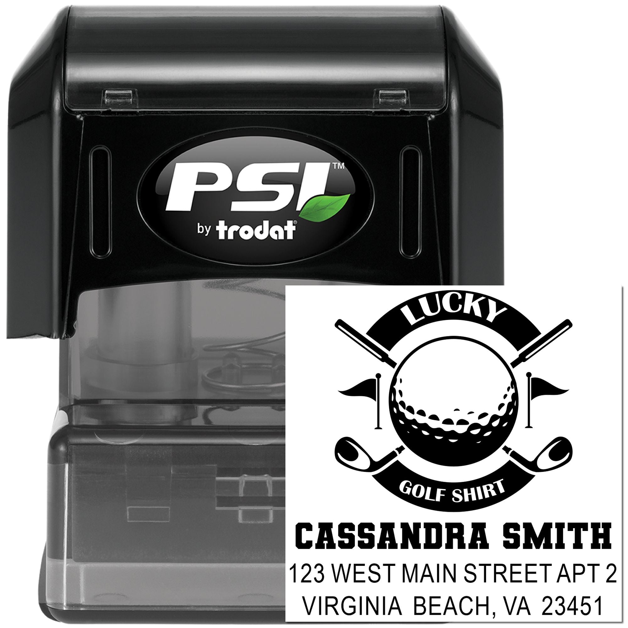 PSI by Trodat self-inking rubber stamp with custom golf shirt design and personalized name and address imprint.
