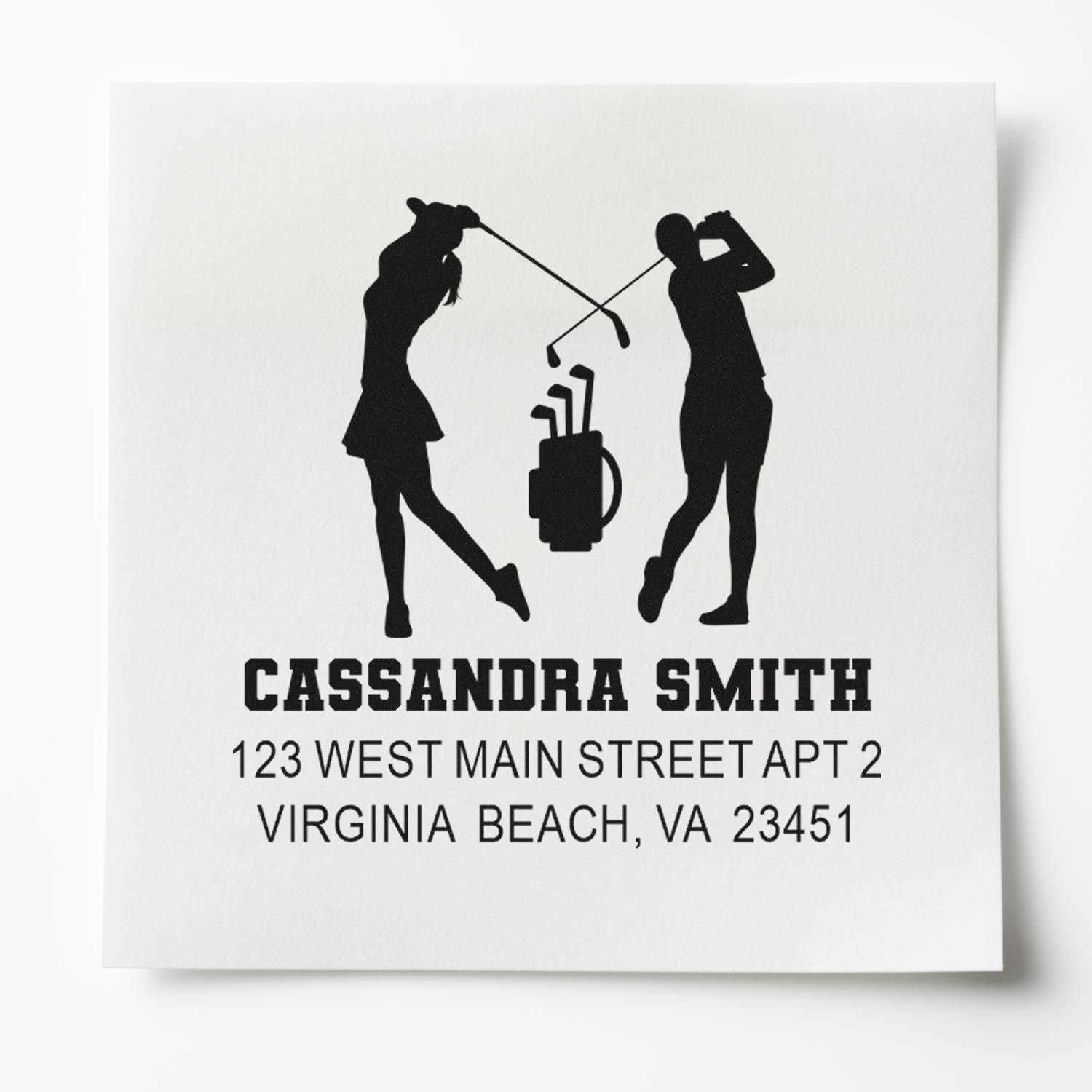 Custom golf couple return address rubber stamp with golfer silhouettes, personalized name, and Virginia Beach, VA address.