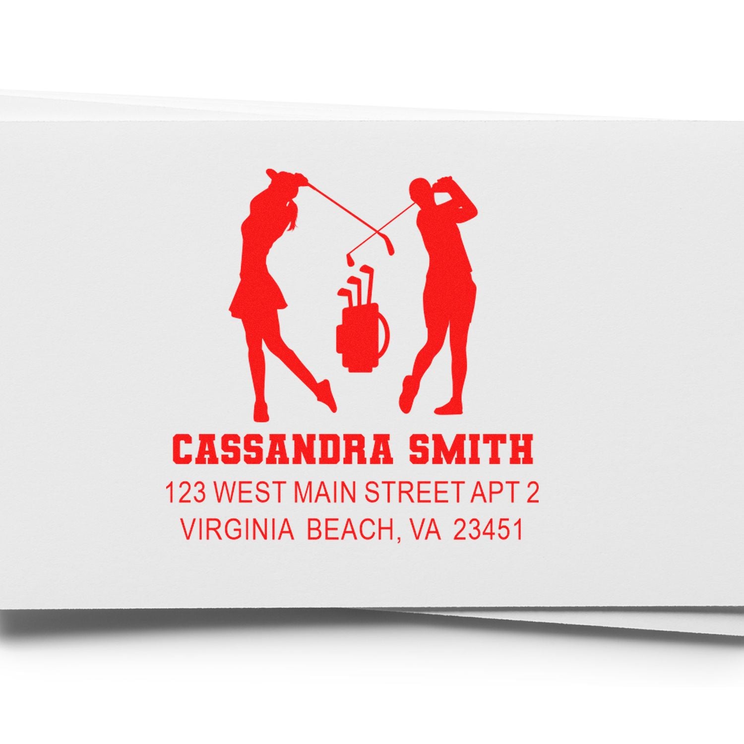 Personalized golf return address rubber stamp with custom name, street address, and golfer silhouette design.