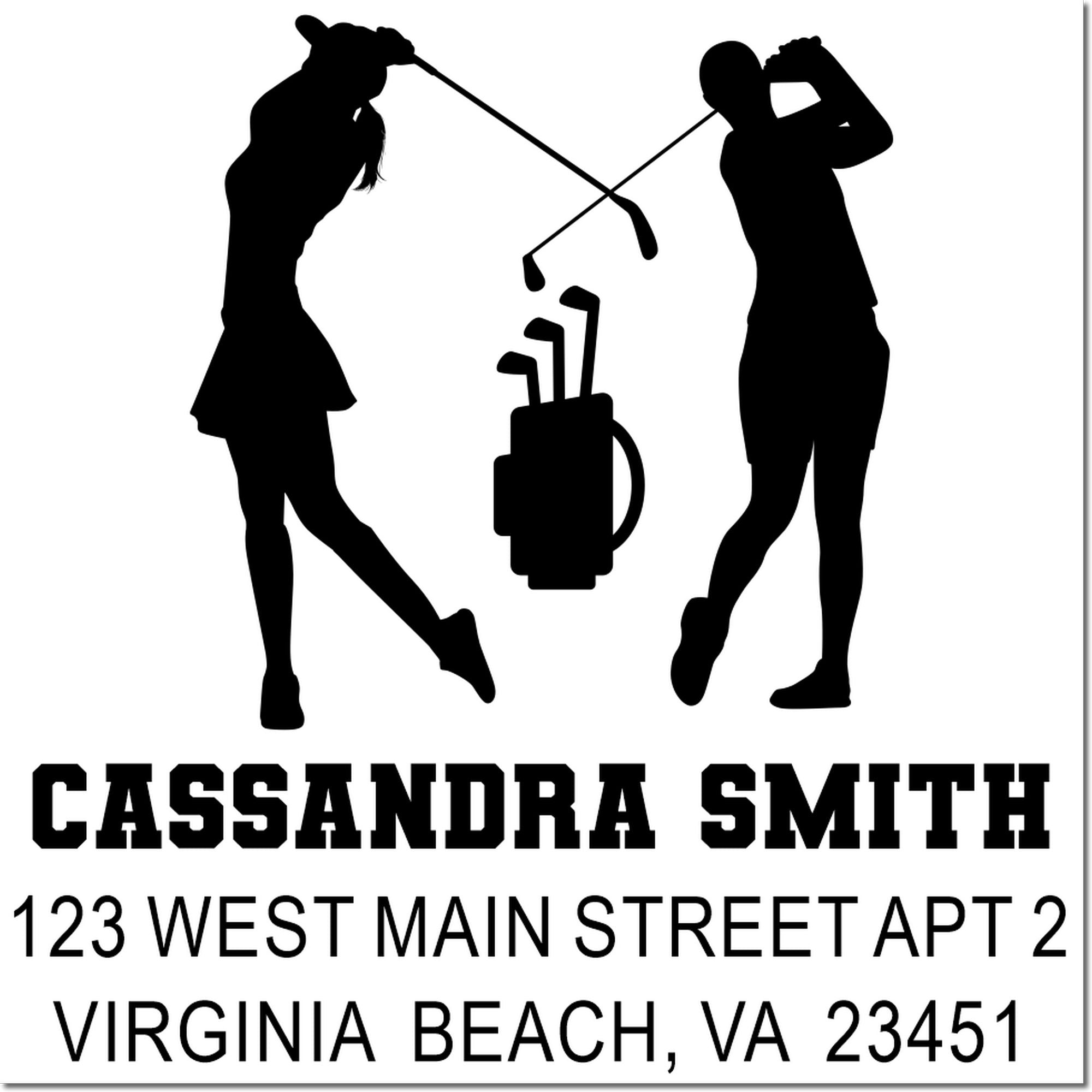 Custom golf-themed rubber stamp with Cassandra Smith return address, Virginia Beach VA 23451, featuring two golfers and a golf bag.