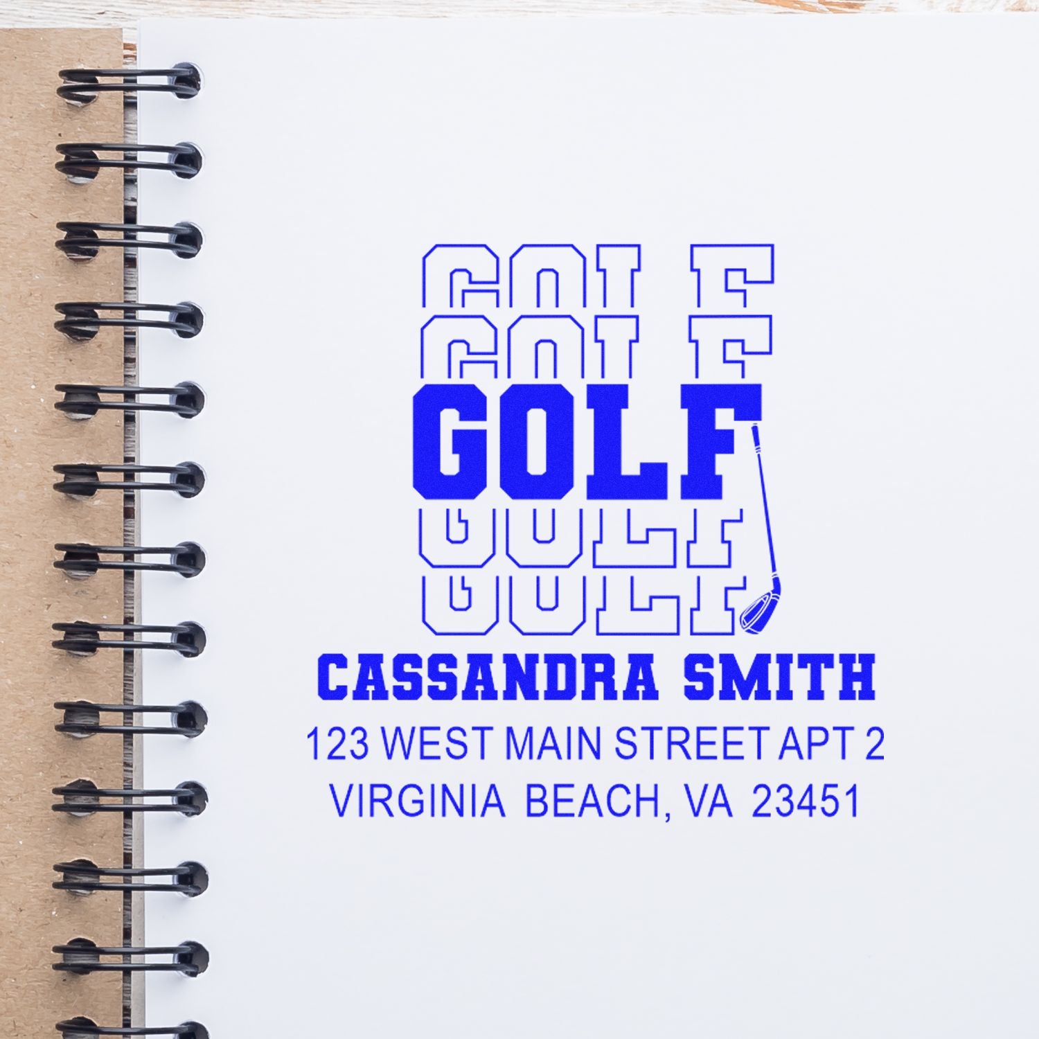 Personalized golf rubber stamp with name, street address, and Virginia Beach, VA mailing details.