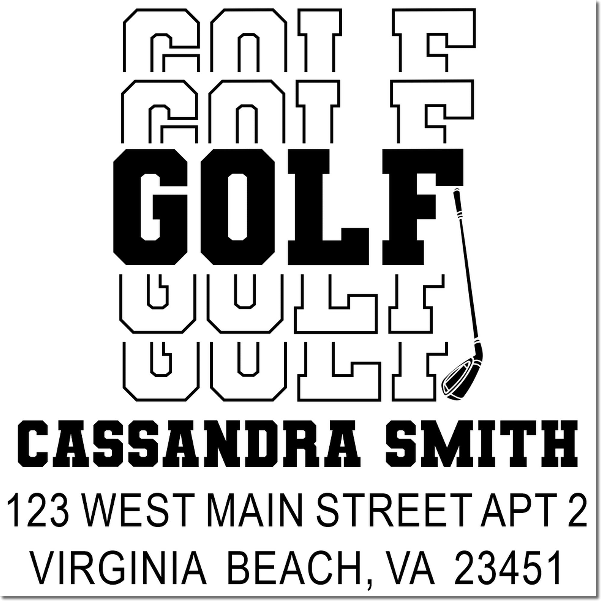 Custom golf rubber stamp design for Cassandra Smith with name and Virginia Beach address, featuring a golf club graphic.