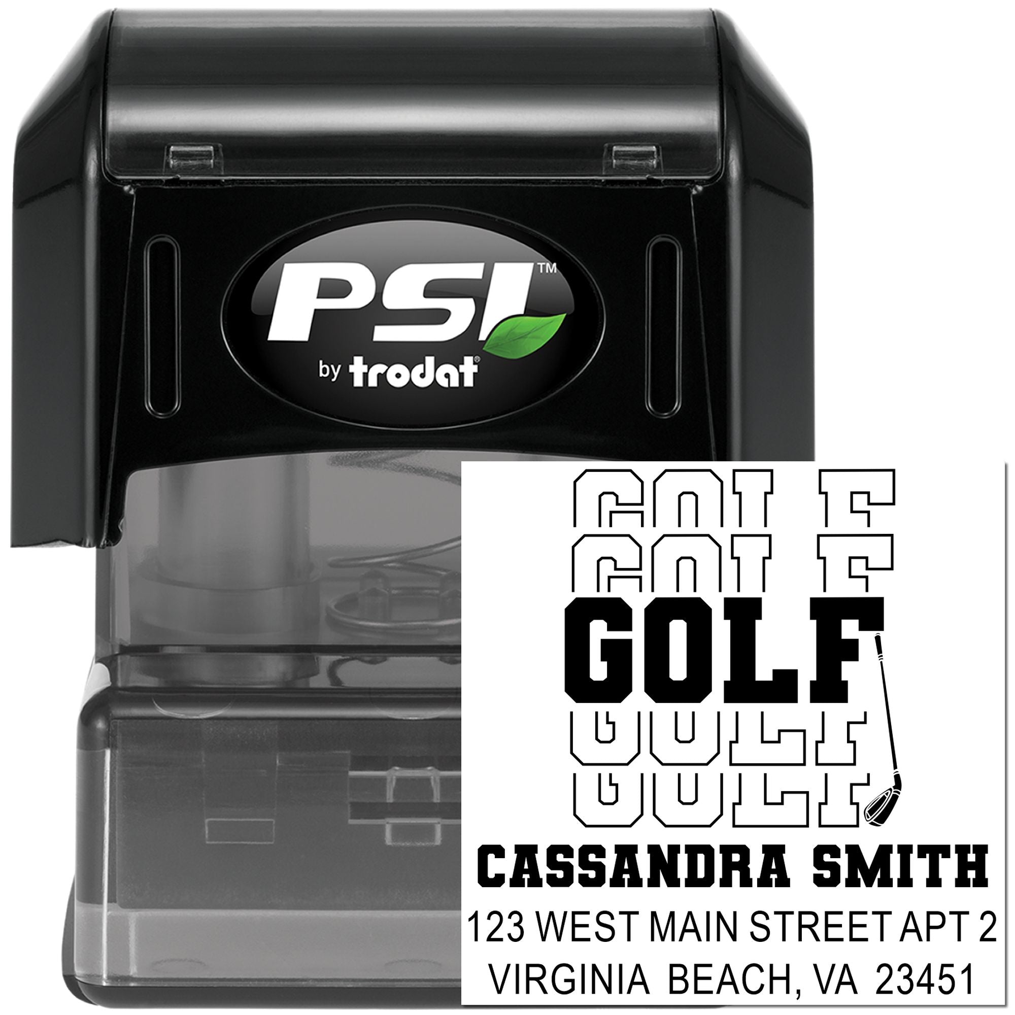 Custom golf team self-inking rubber stamp with name and address, PSI by Trodat, for mailing and club branding.