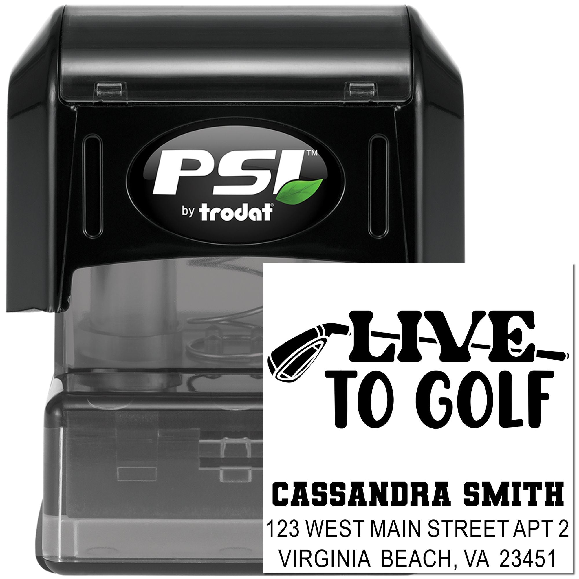 Custom self-inking golf rubber stamp by PSI by Trodat with personalized name, phrase, and address imprint.