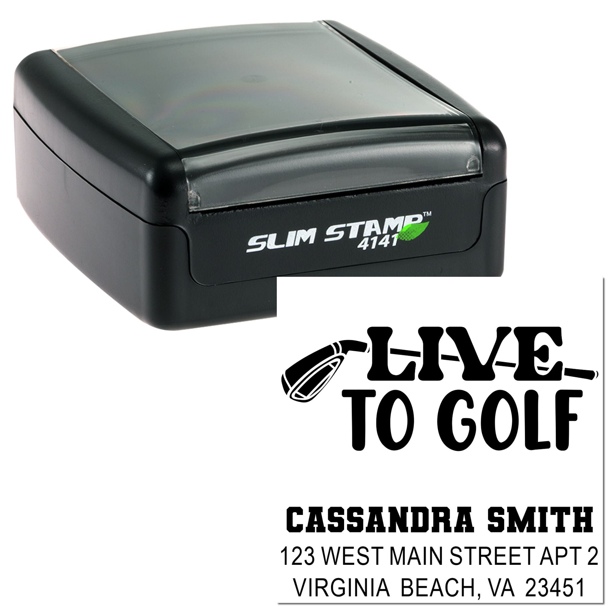 Slim Stamp self-inking rubber stamp with custom Live to Golf address imprint for Cassandra Smith, Virginia Beach, VA