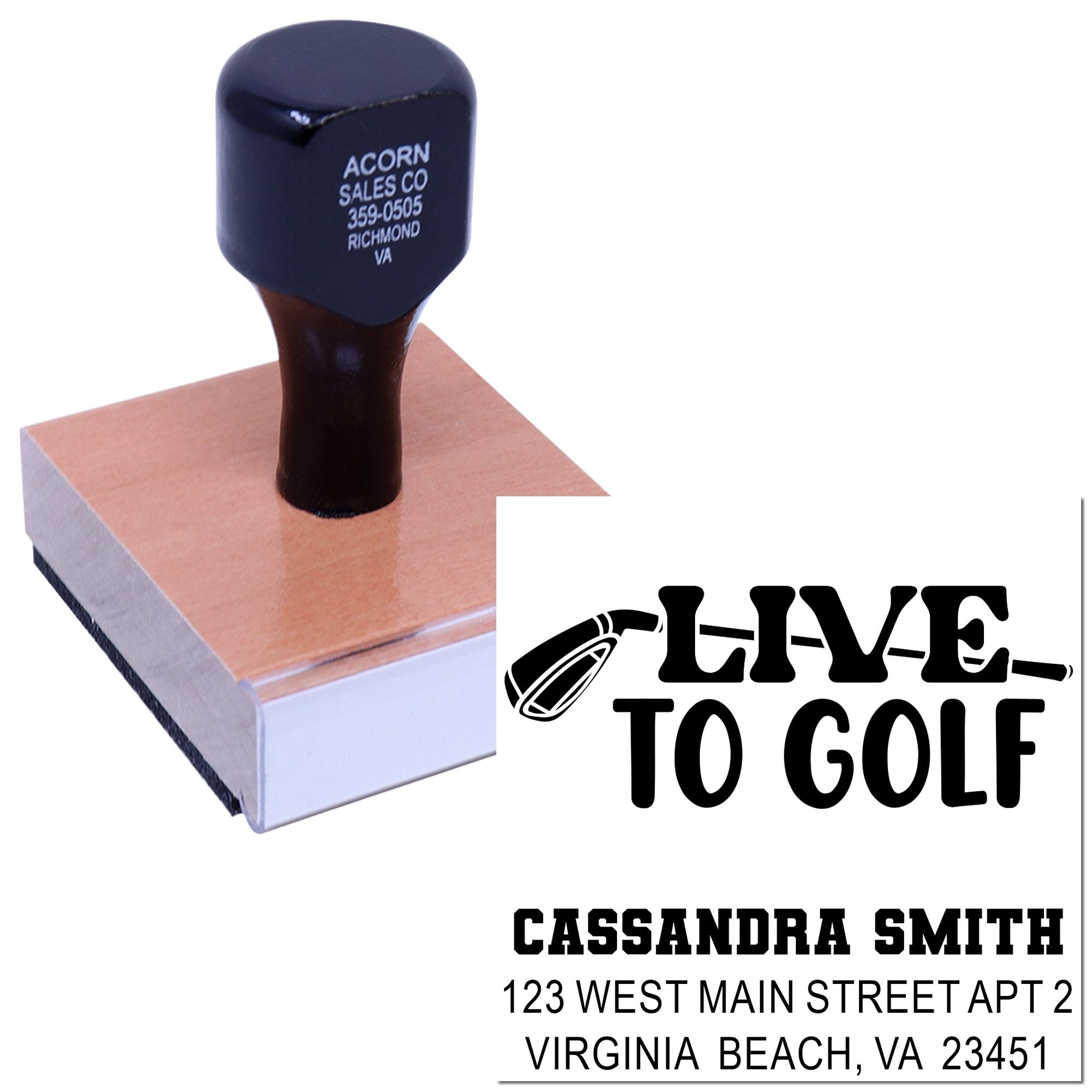 Custom golf rubber stamp with Live to Golf design, personalized name, and address for stationery or golf gifts.
