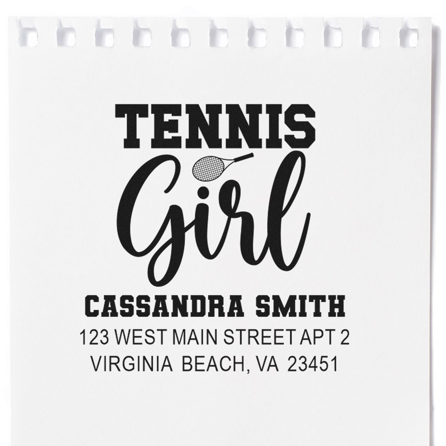 Personalized tennis girl rubber stamp with custom name and Virginia Beach return address