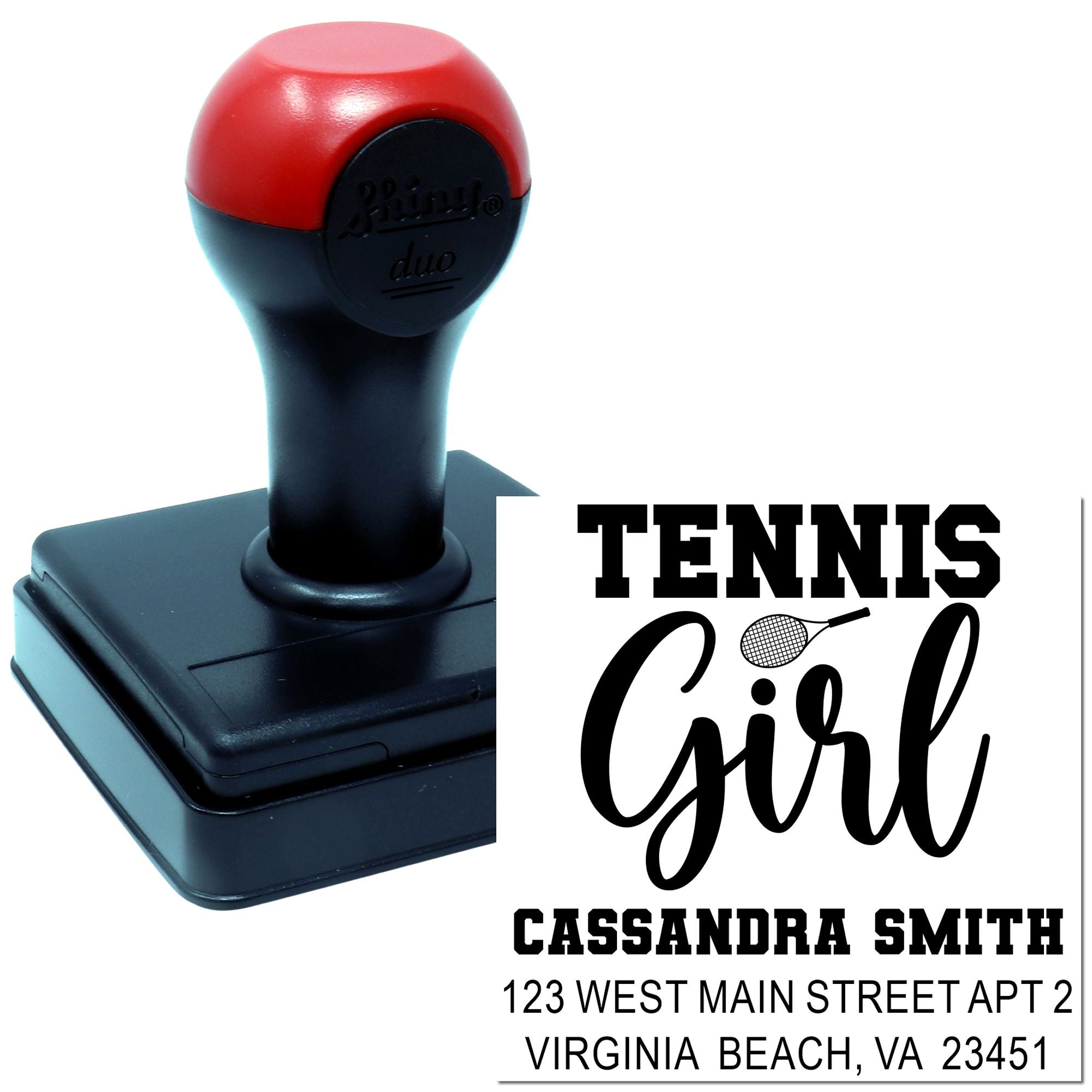 Custom tennis girl rubber stamp with self-inking handle and personalized address imprint