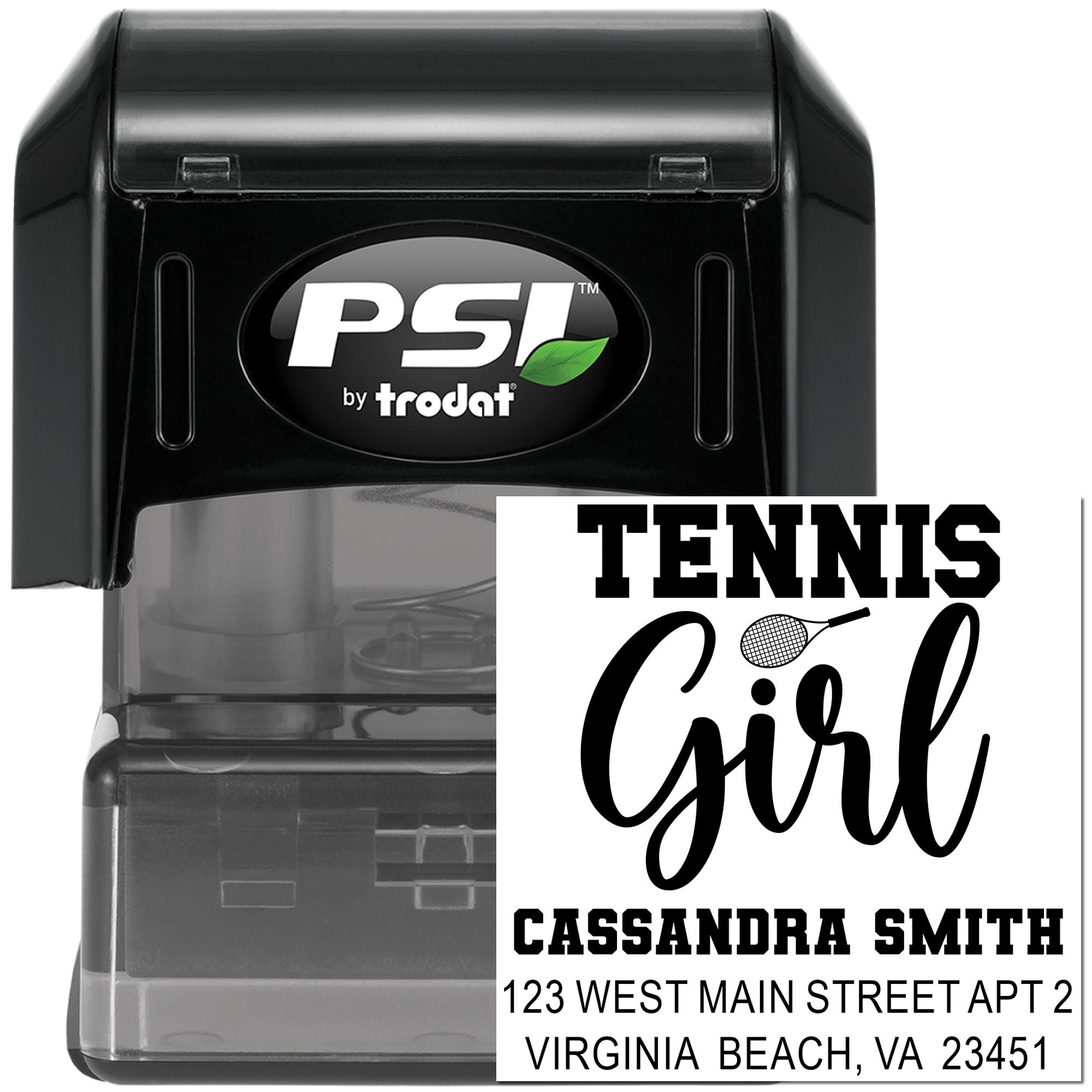Personalized tennis girl address rubber stamp, self-inking PSI by Trodat, for Cassandra Smith in Virginia Beach, VA.